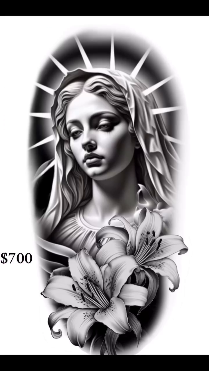 Portrait of a woman with lilies realism tattoo by Alexandria