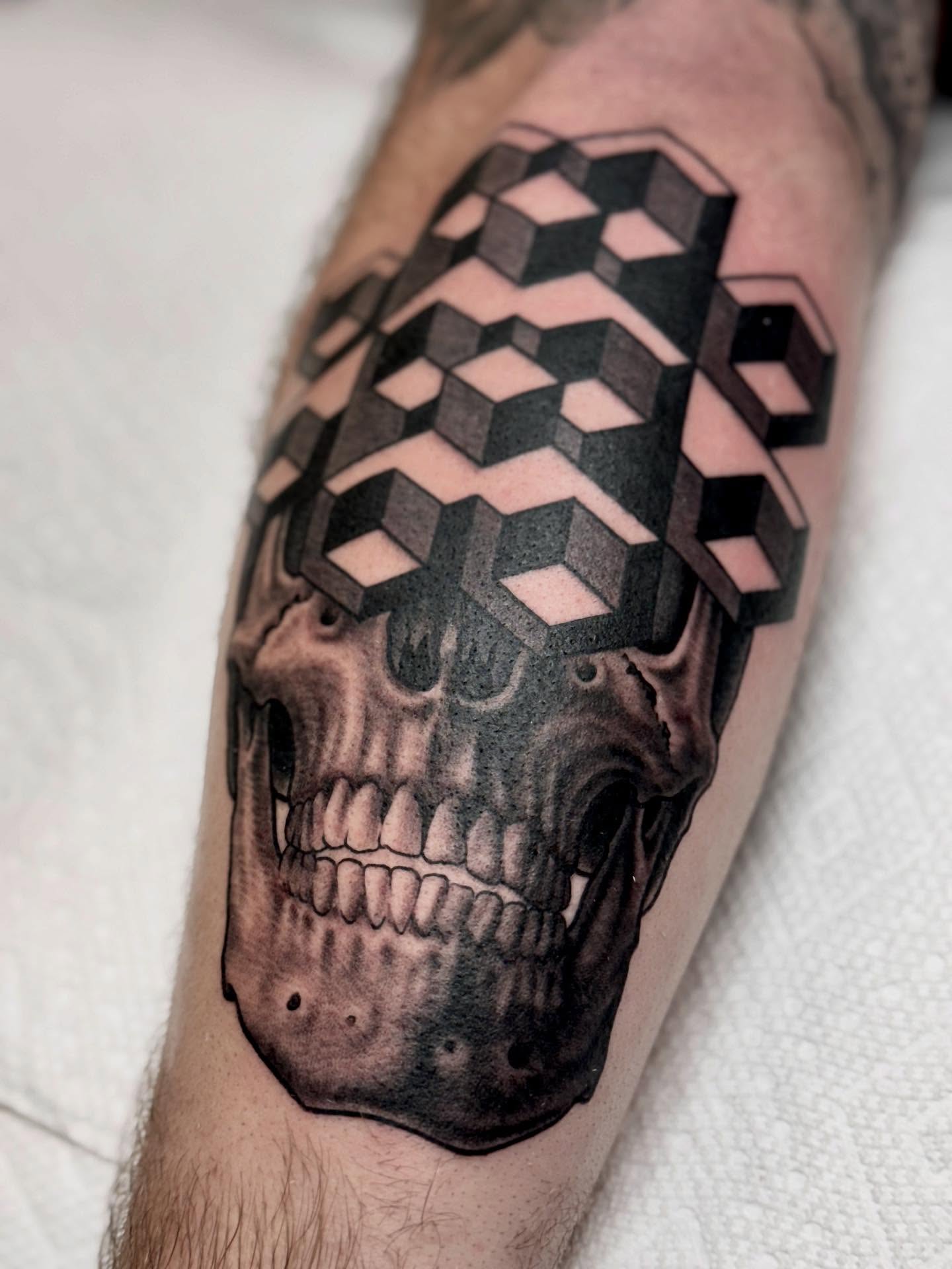 Geometric skull geometric tattoo on the forearm by Cole Pittman Memphis Tattoo artist, Memphis, Tennessee