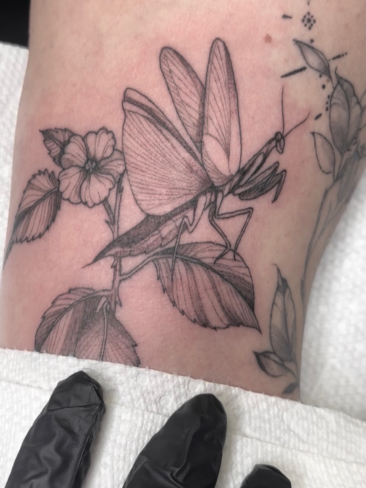 Praying mantis and flowers realism tattoo on the forearm by MJ Saunders