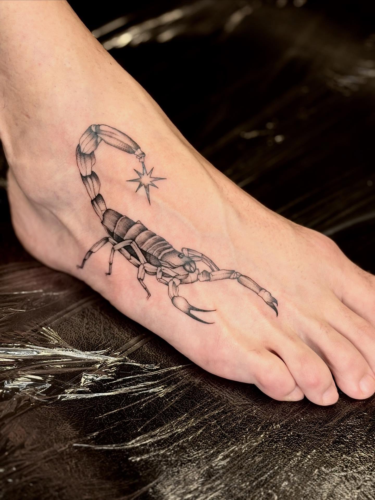 Scorpion black and grey tattoo on the foot by 🖤Sidney🖤