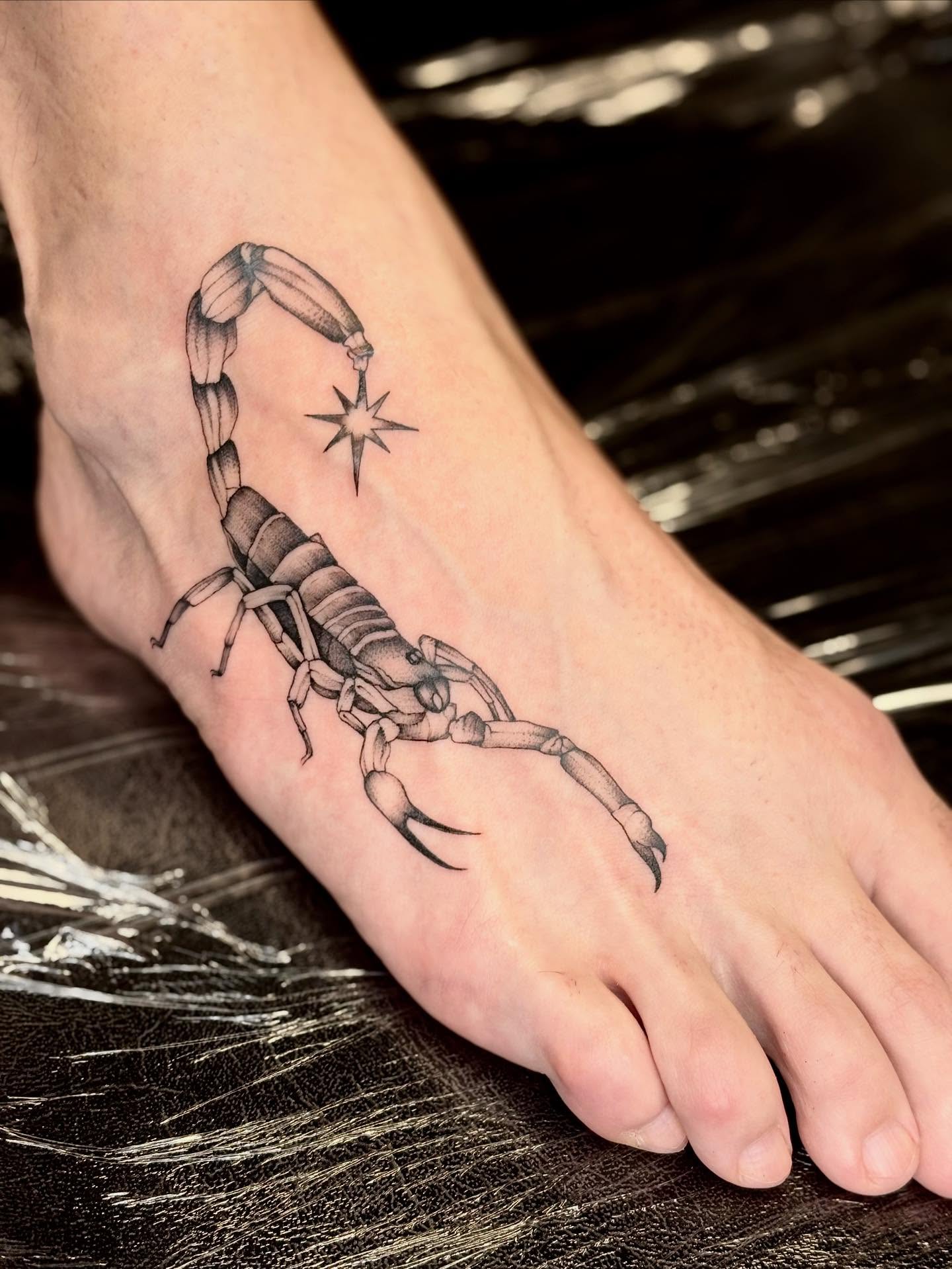 Scorpion black and grey tattoo on the foot by 🖤Sidney🖤