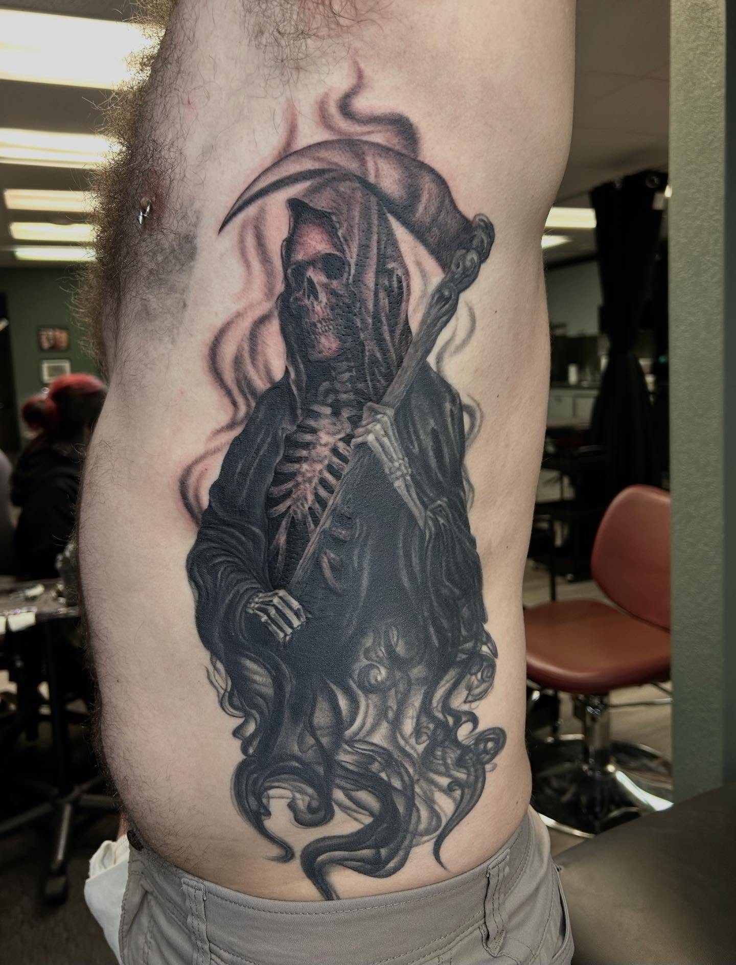 Grim reaper dark realism tattoo on the thigh by Mary Rose Heckle