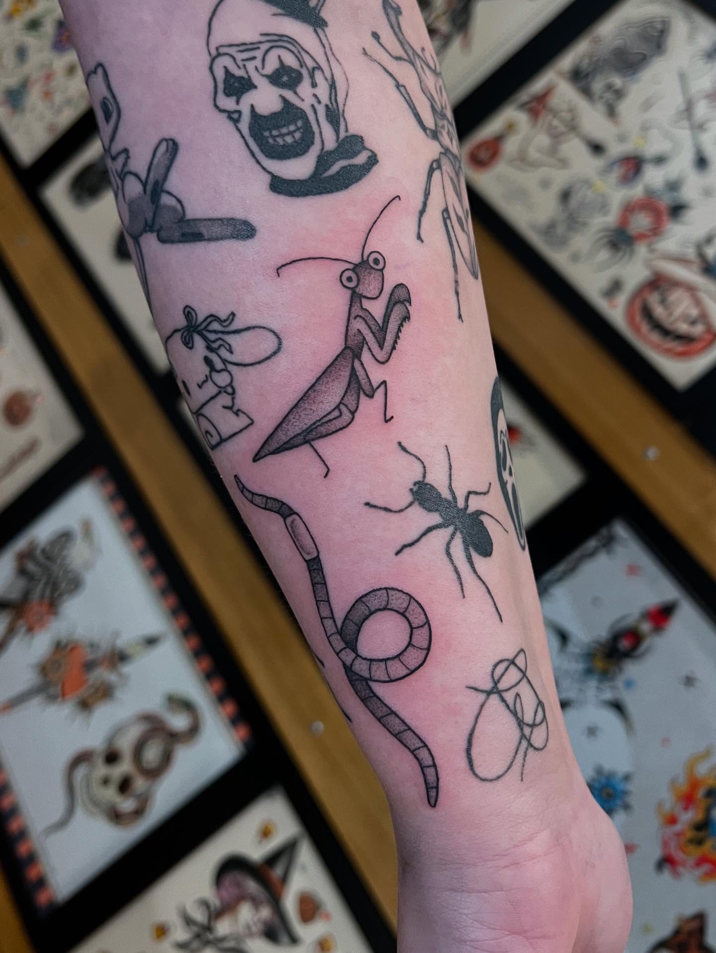 Insects and snakes black and grey tattoo on the forearm by 𝖆𝖑𝖞𝖘𝖘𝖆 ☽