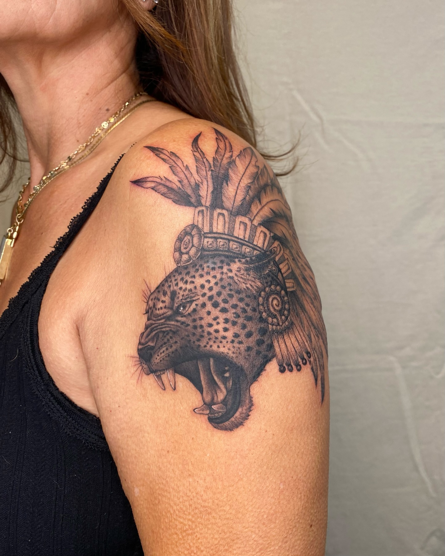 Jaguar headdress realism tattoo on the shoulder by Sasha 🪆 Southern California Tattoo Artist