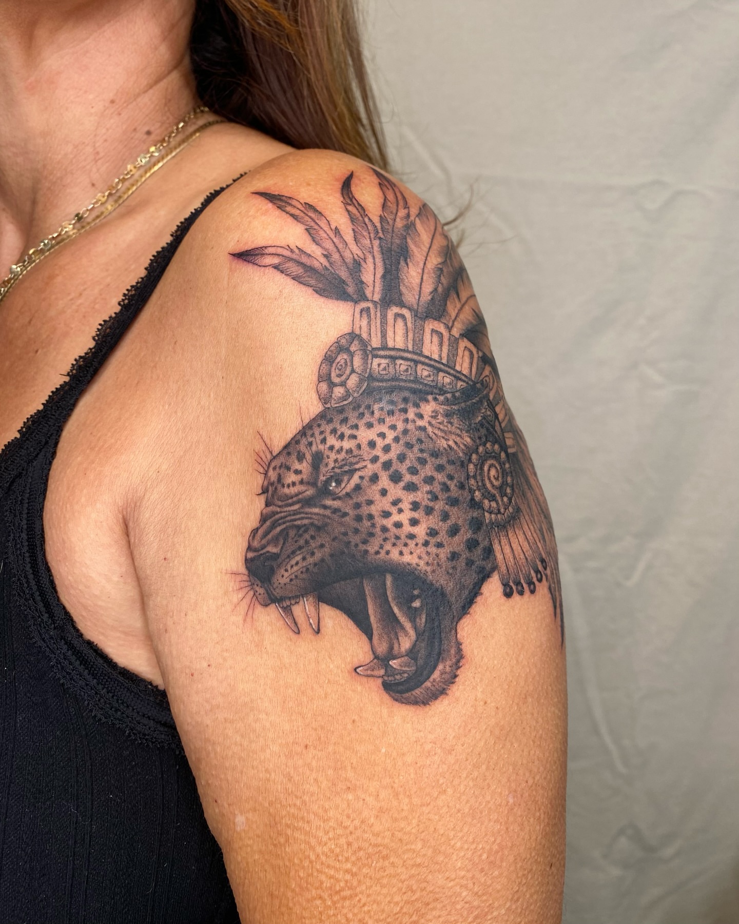 Leopard headdress realism tattoo on the shoulder by Sasha 🪆 Southern California Tattoo Artist