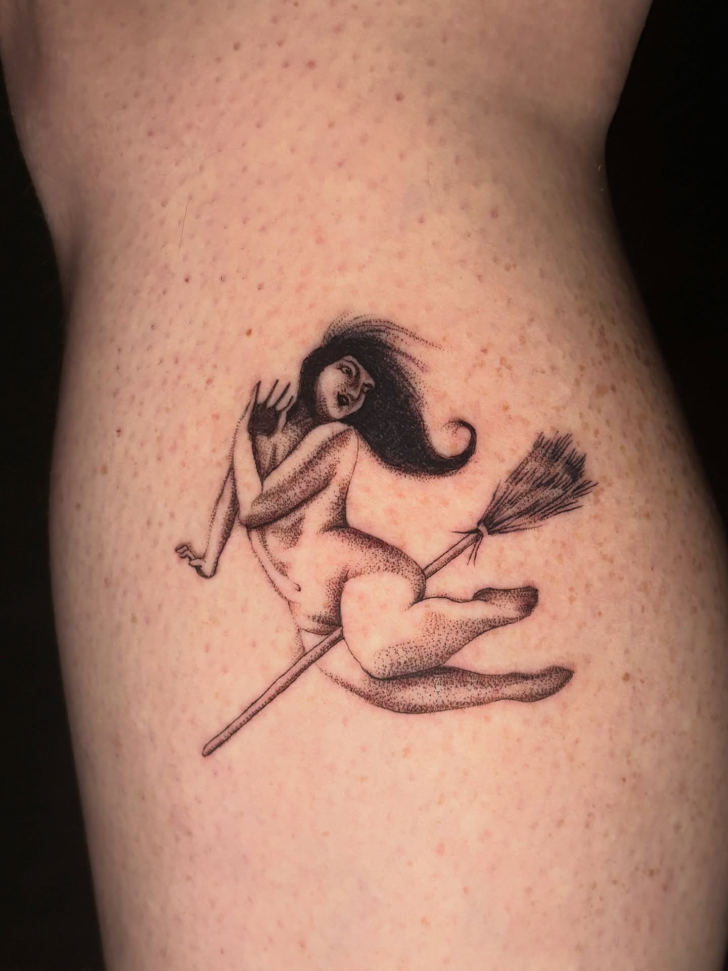 Naked witch flying dotwork tattoo on the thigh by Jojo Rose ✨ Denver Tattoo Artist