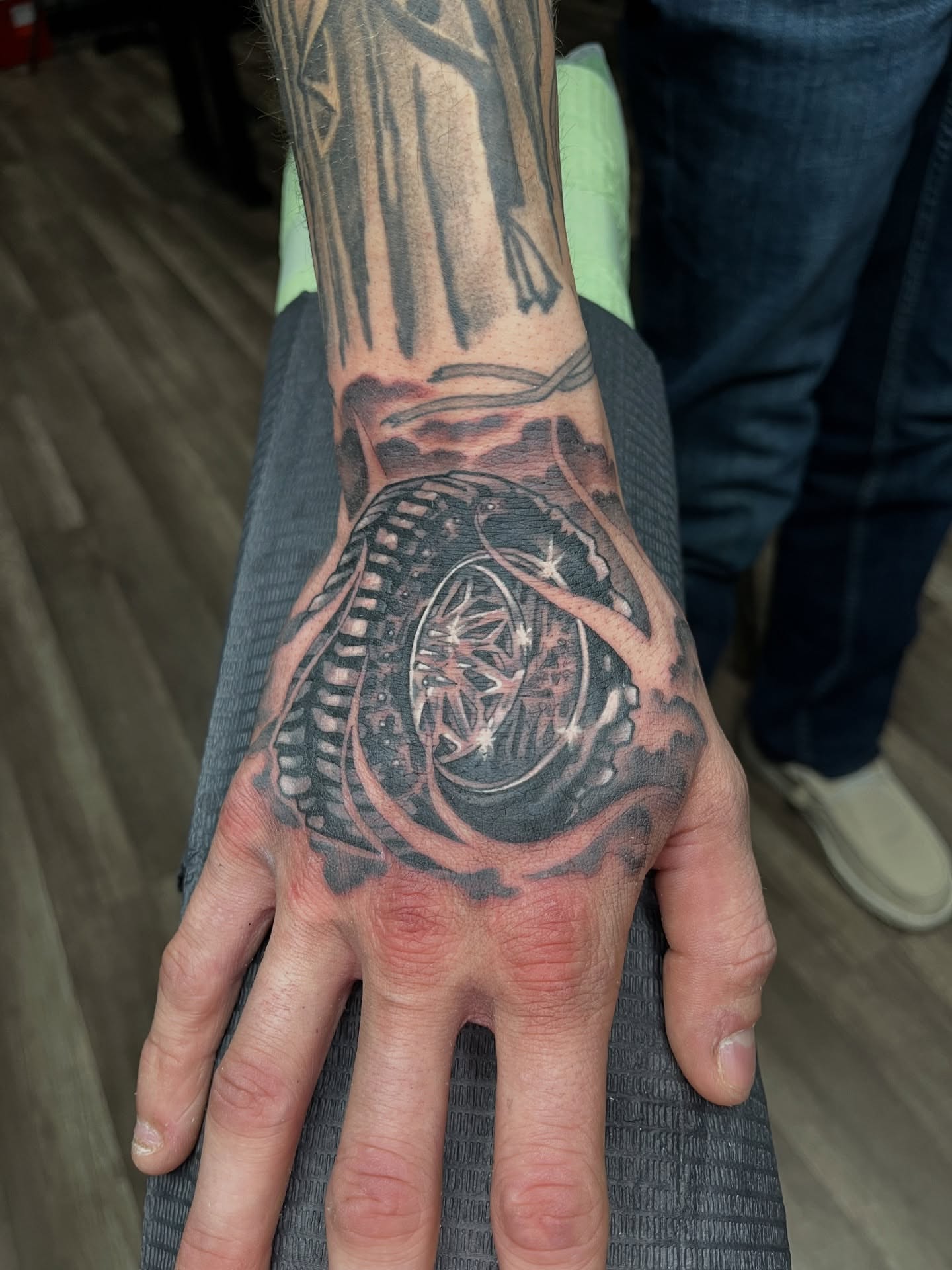 Mechanical gear geometric tattoo on the hand by Michigan Tattoo Artist - Nadia Garver, Clinton Township, Michigan