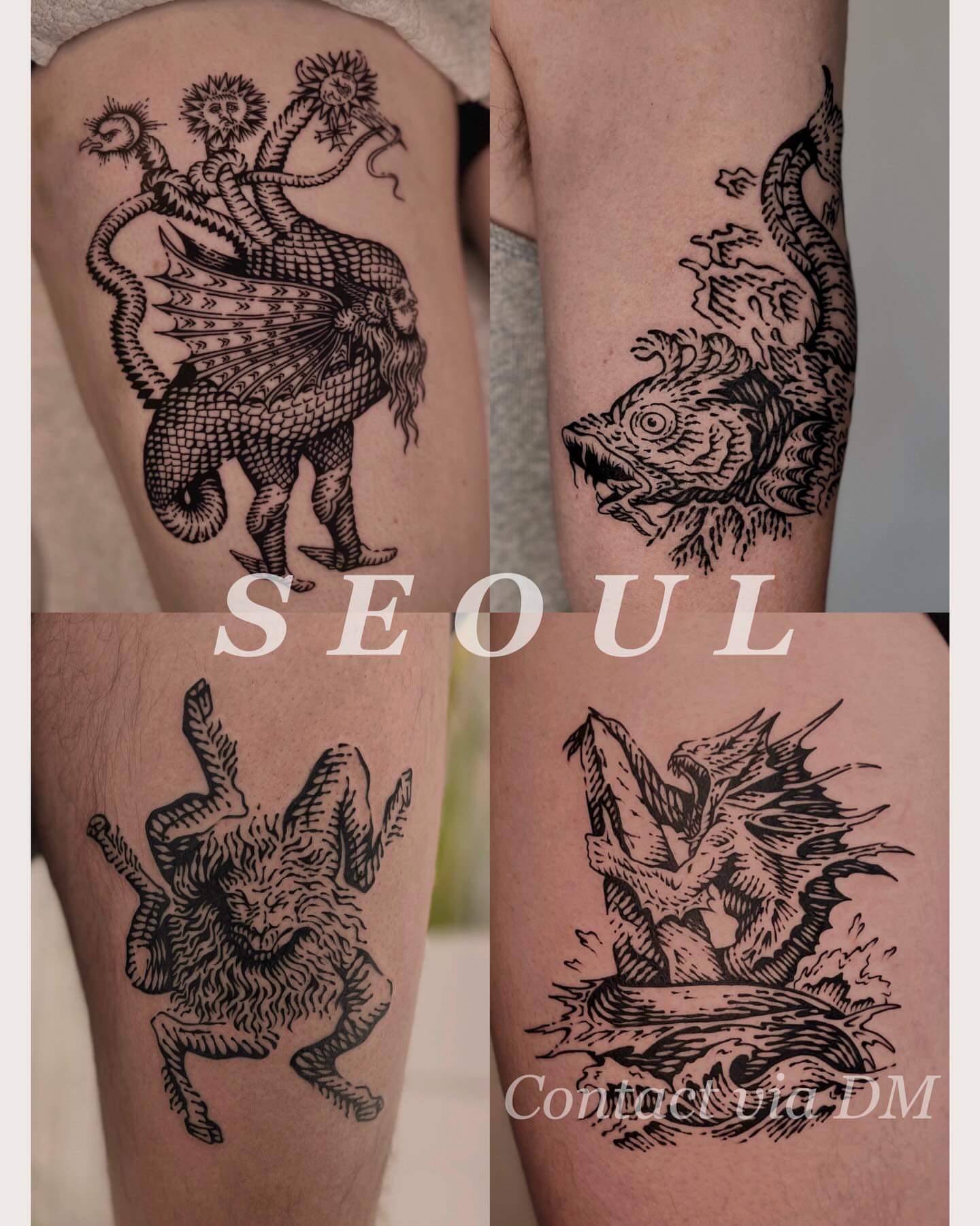 Mythical creatures realism tattoo on the thigh by Wonny