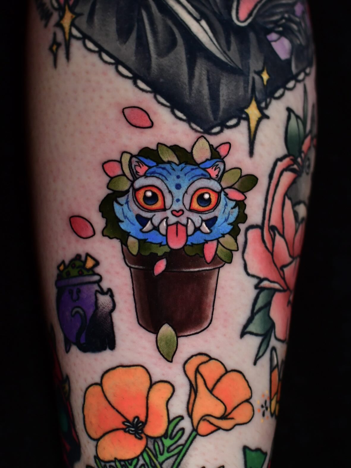 Cat in pot dotwork tattoo on the forearm by Karina πΌ Orange County Tattoo Artist