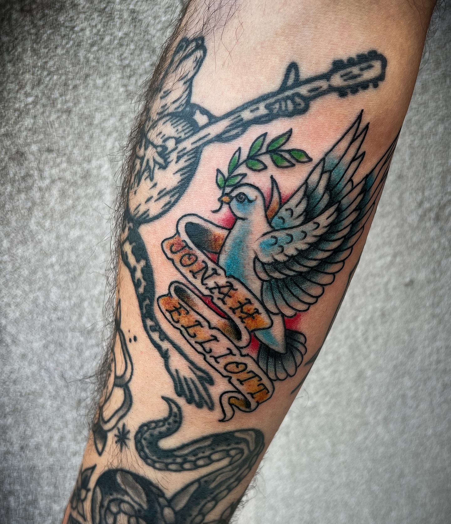 Bird with olive branch American traditional tattoo on the forearm by Scott Allen