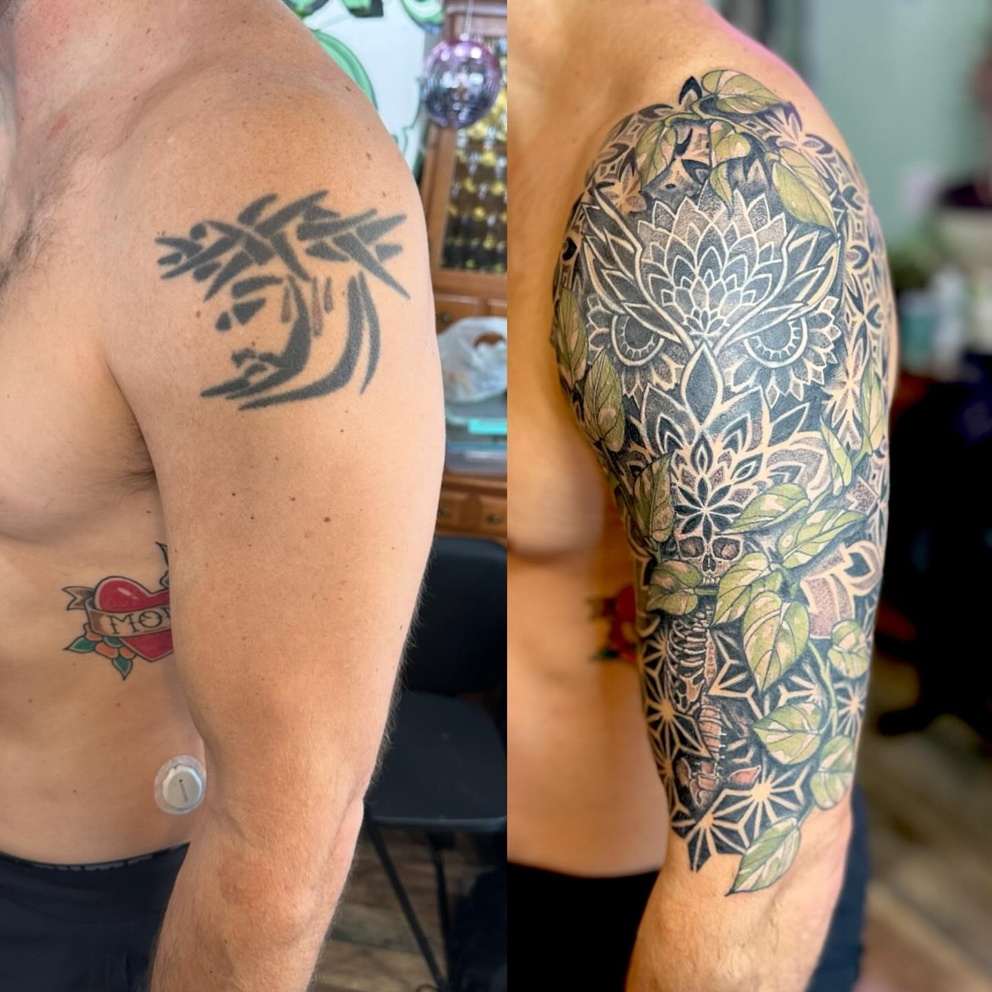 Floral mandala geometric tattoo on the shoulder by Leeuh Vandever