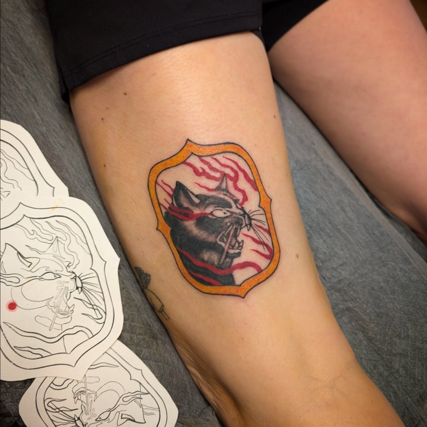 Cat American traditional tattoo on the forearm by Kelly Von Tattoos, Saxapahaw, North Carolina