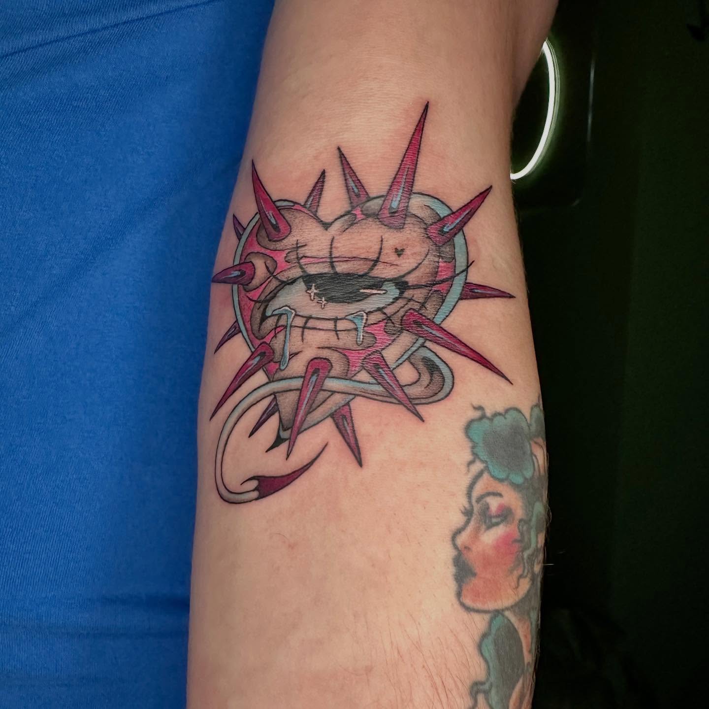 Spiky creature American traditional tattoo on the forearm by 𝔠𝔞𝔯𝔯𝔦𝔢