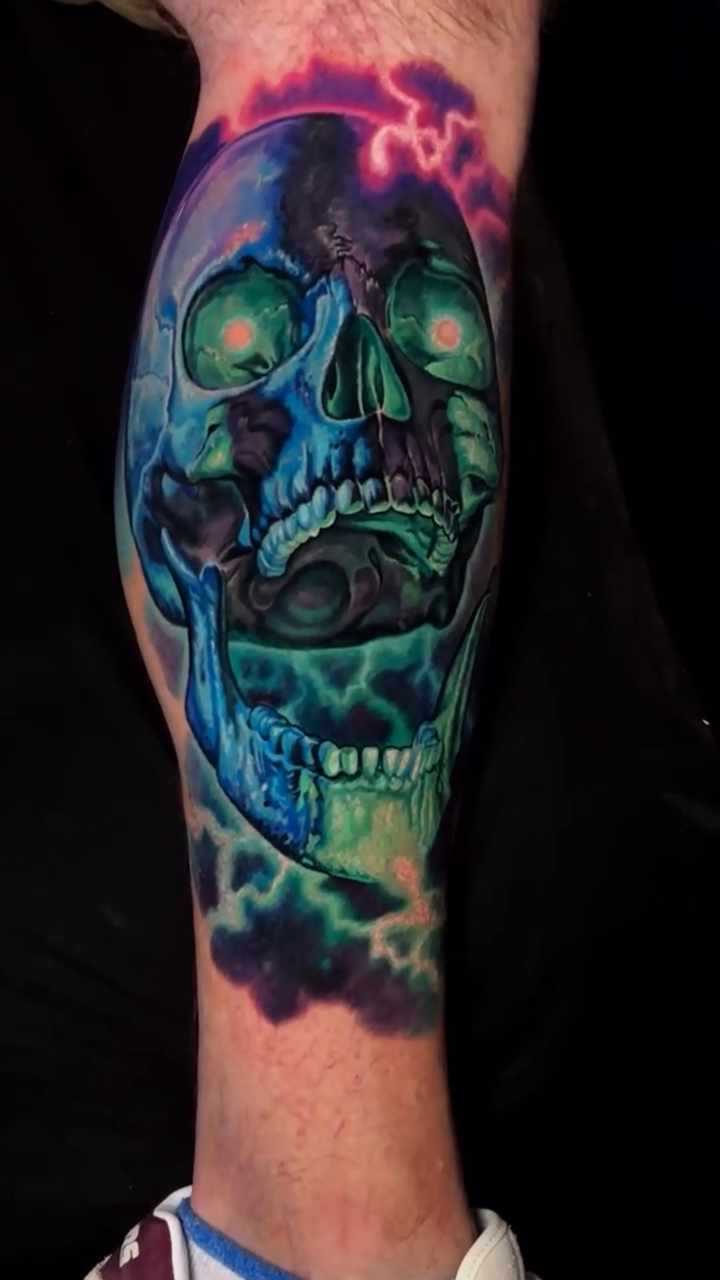 Skull with lightning realism tattoo by Bobby Cupparo