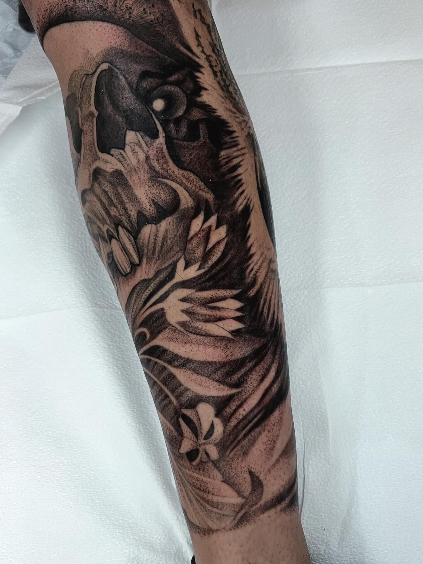 Floral design dotwork tattoo on the forearm by Anna Wolff, Richmond, Virginia