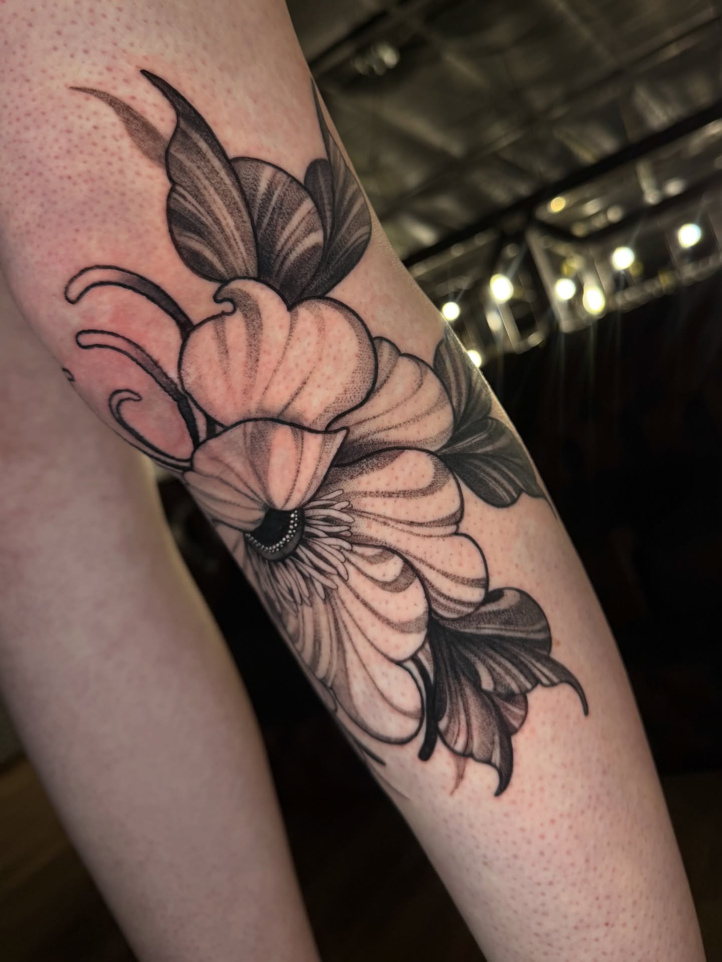 Flower black and grey tattoo on the forearm by πππππ βππ£π£ππ€ππ , Tucson, Arizona