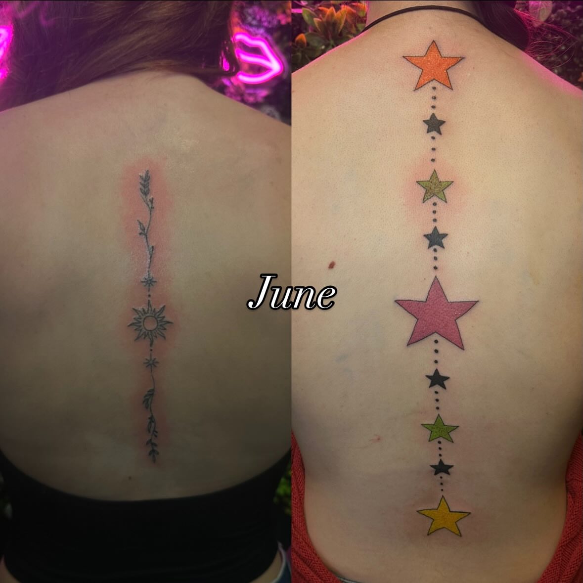 Stars and sun dotwork tattoo on the back by Melissa