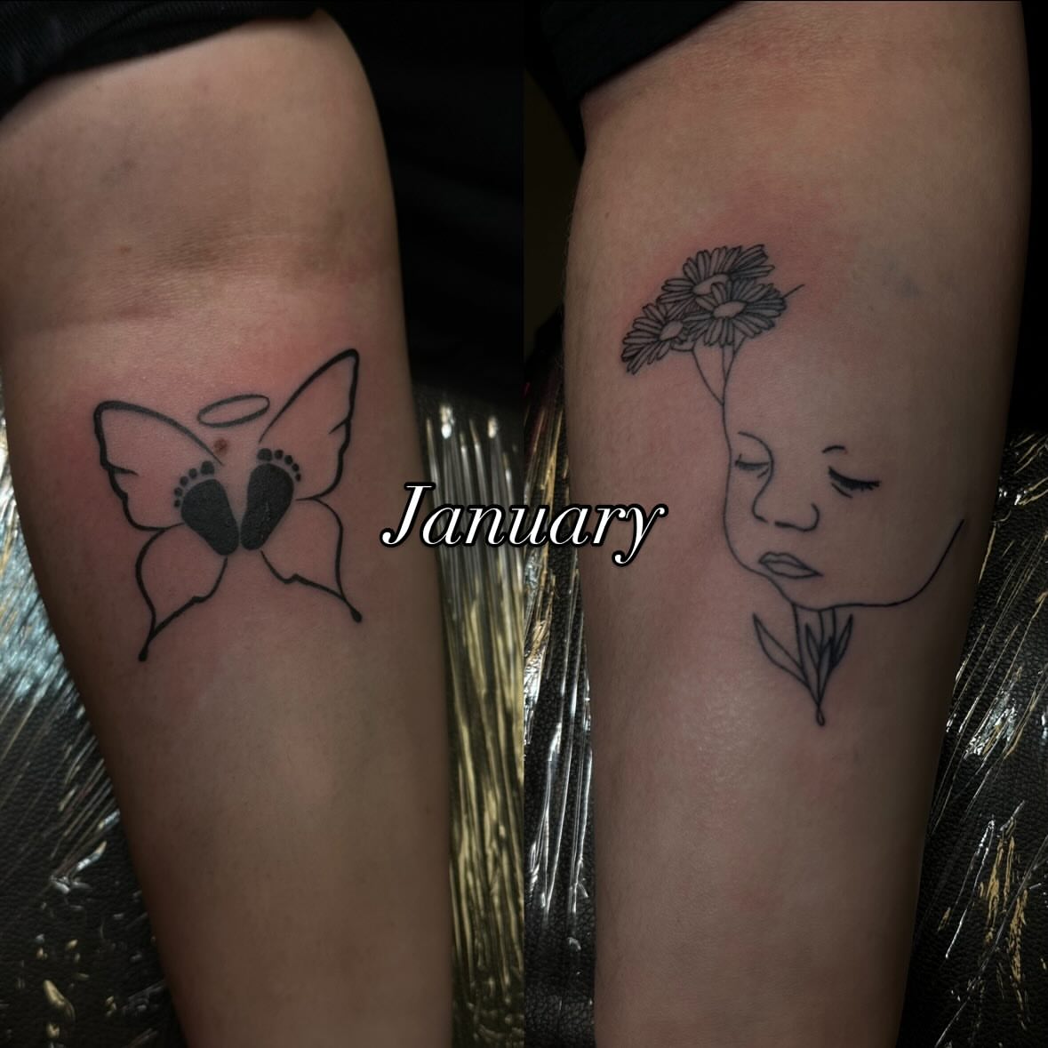 Baby feet and butterfly black and grey tattoo on the forearm by Melissa