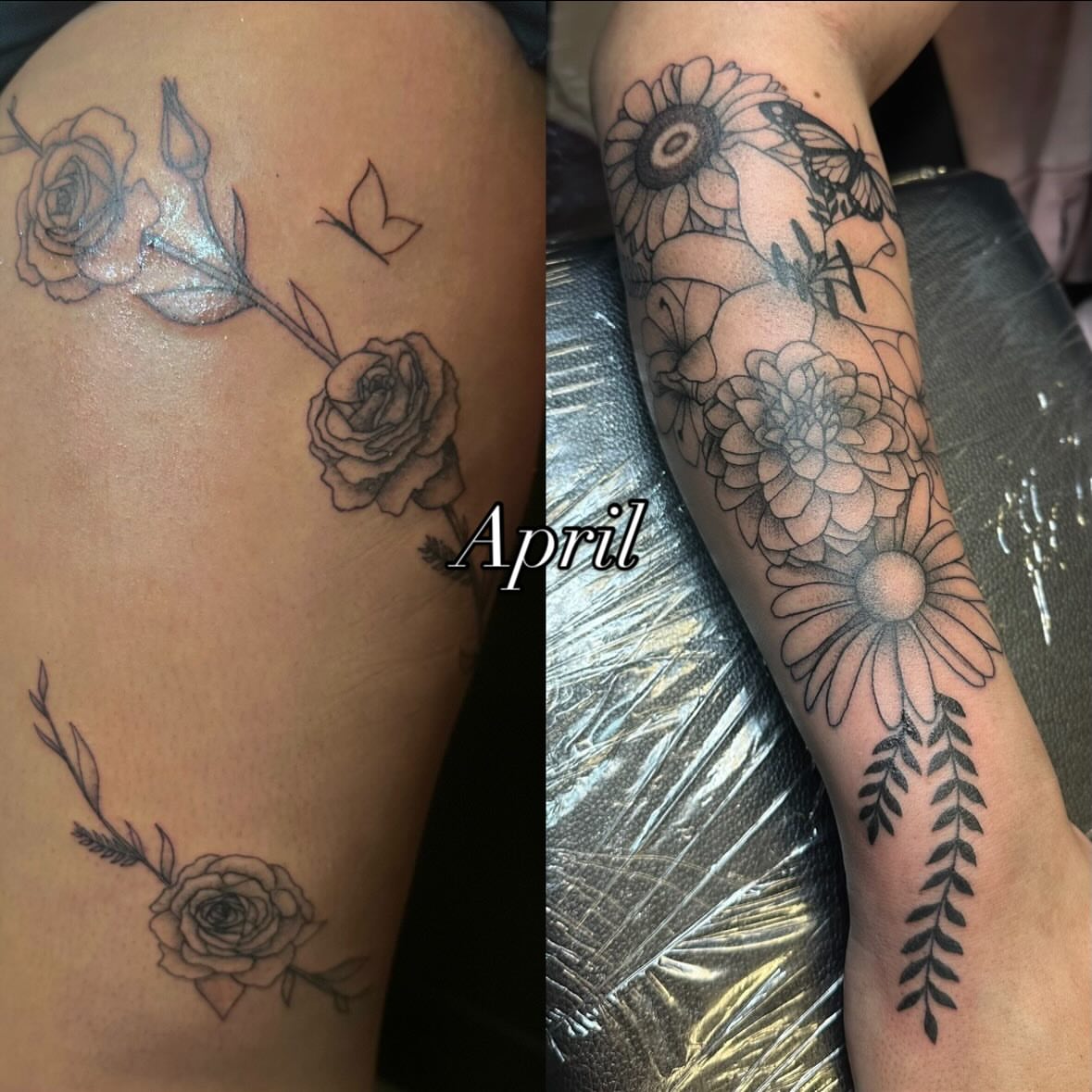 Flowers and butterflies black and grey tattoo on the upper arm by Melissa
