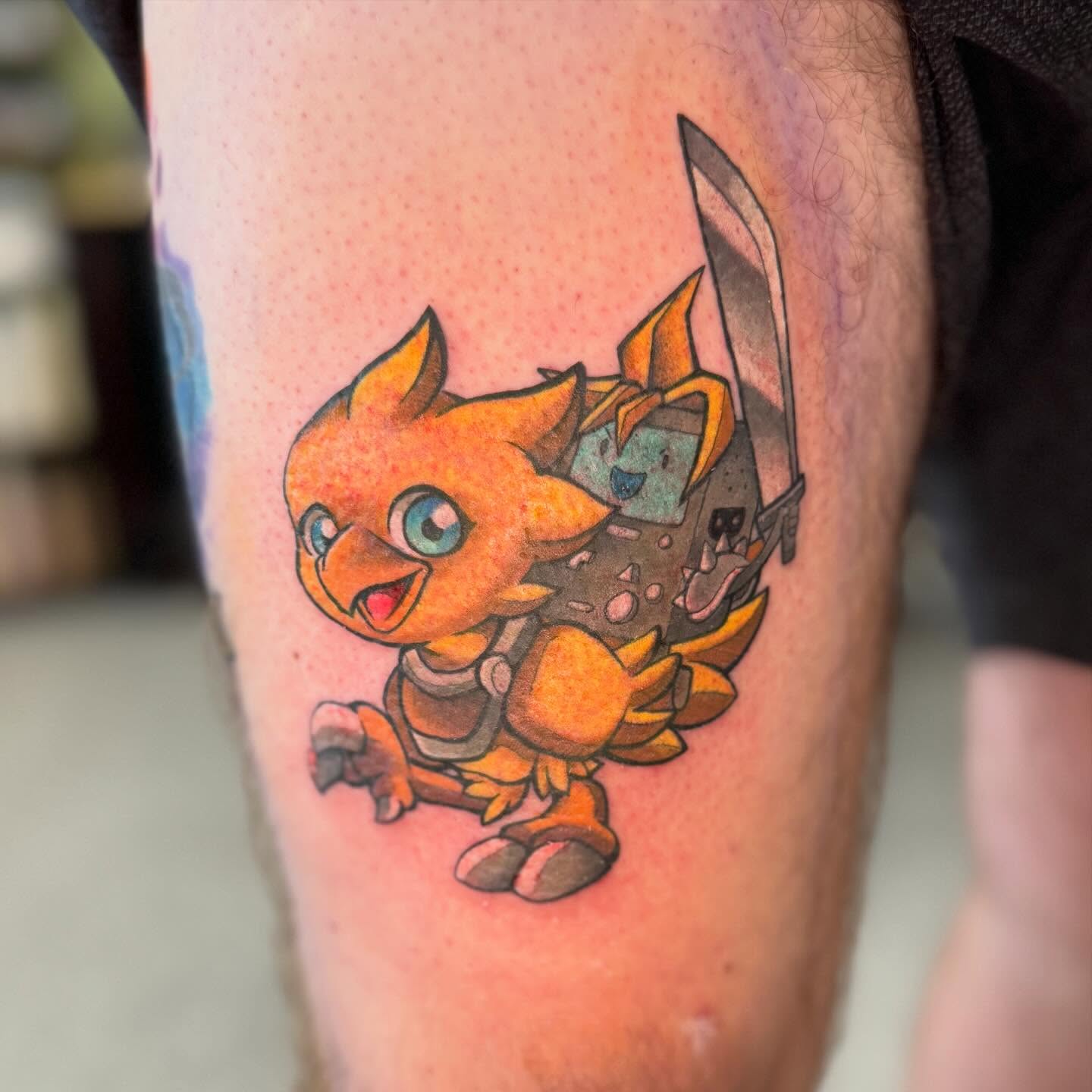 Chibi fox warrior dotwork tattoo on the forearm by Darbi "Marbles"
