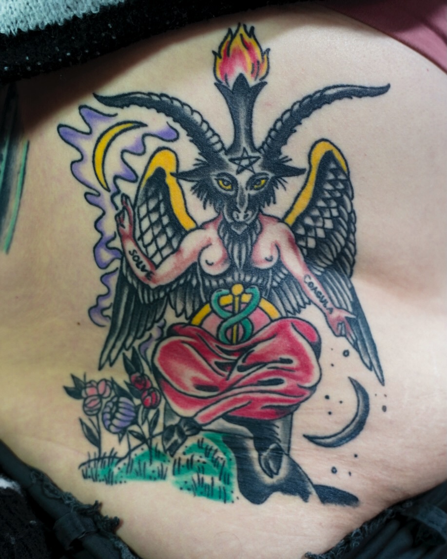 Goat-headed demon with wings American traditional tattoo on the ribs by Spicoli
