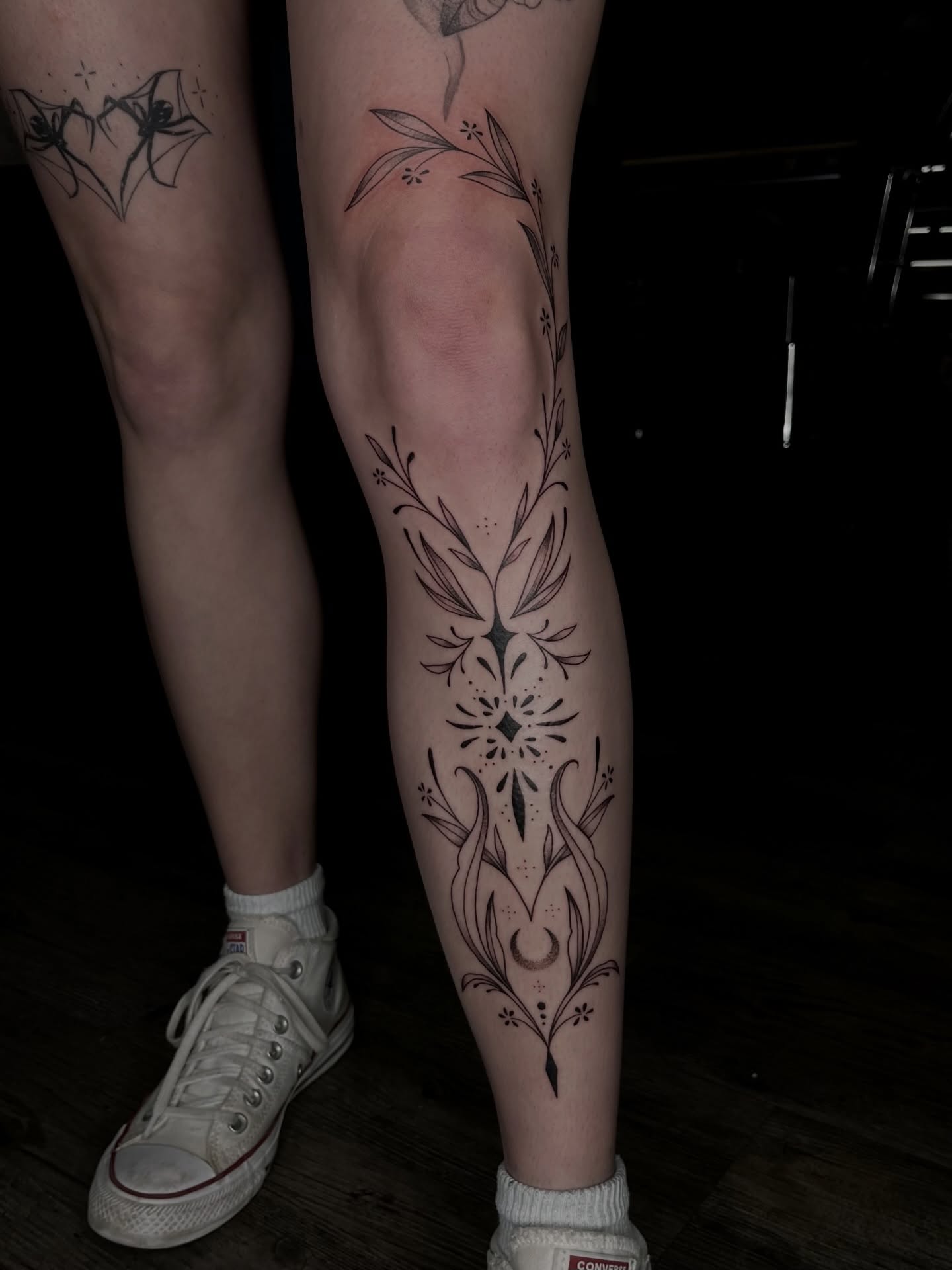 Floral design dotwork tattoo on the calf by ✩gracie ⋆｡°✩