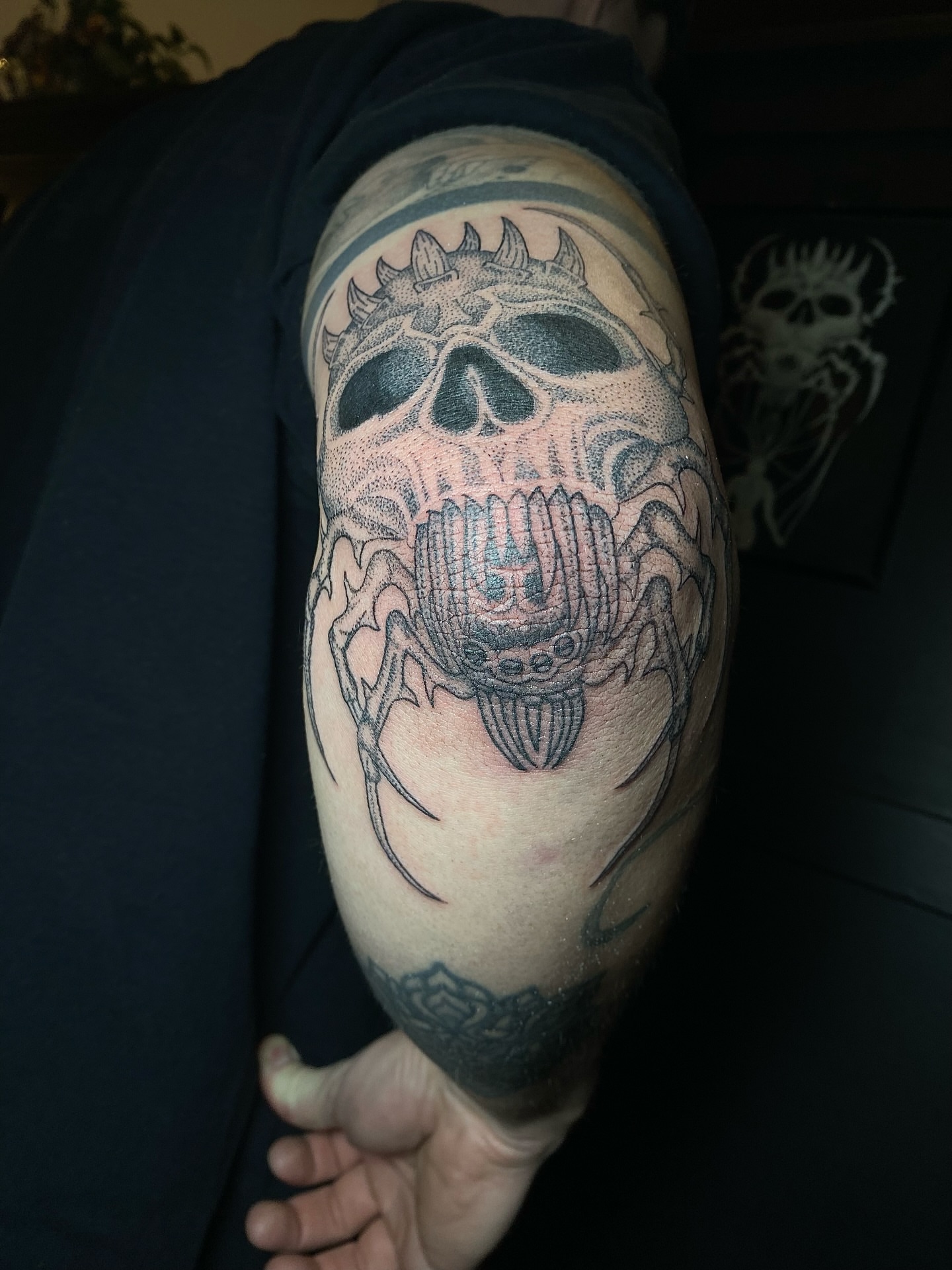 Skull dotwork tattoo on the forearm by Cherry Jane 🍒