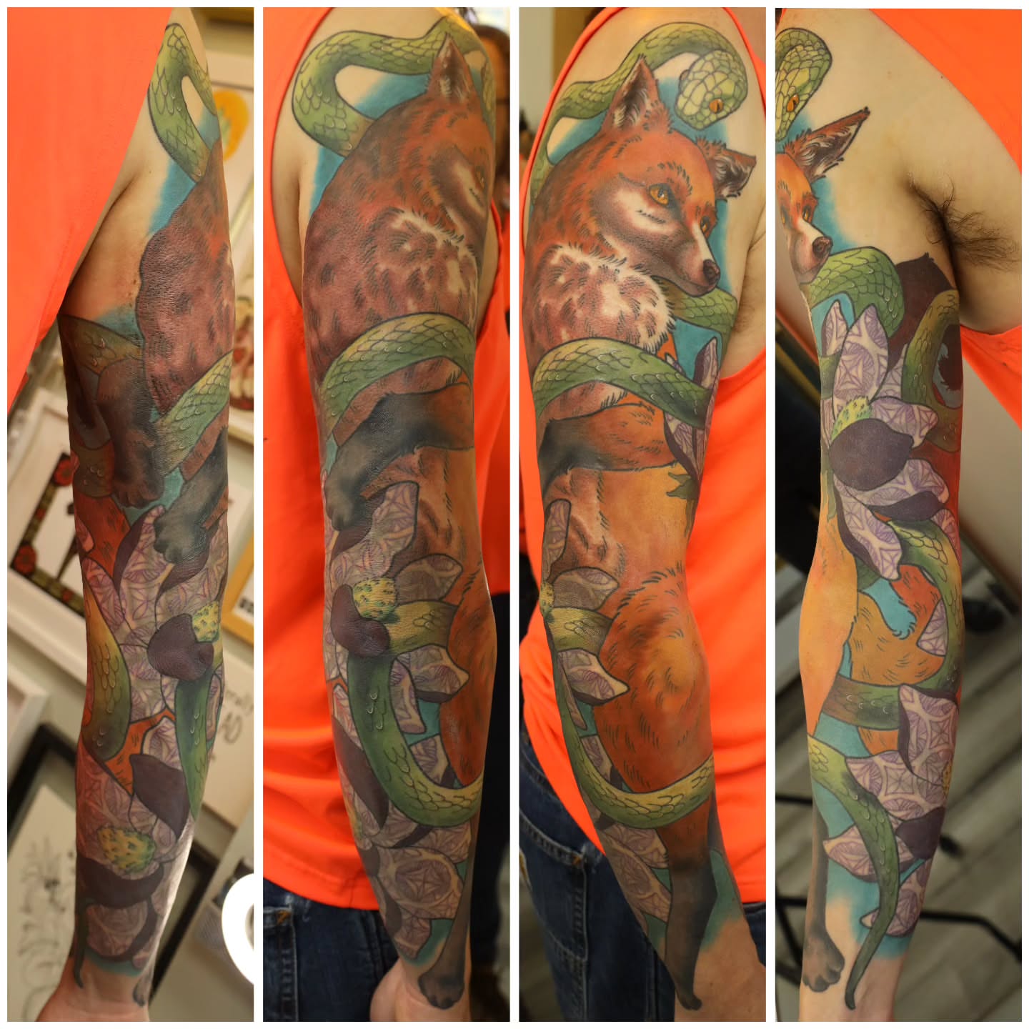 Fox and snake realism tattoo on the forearm by Whitney Tiedeman
