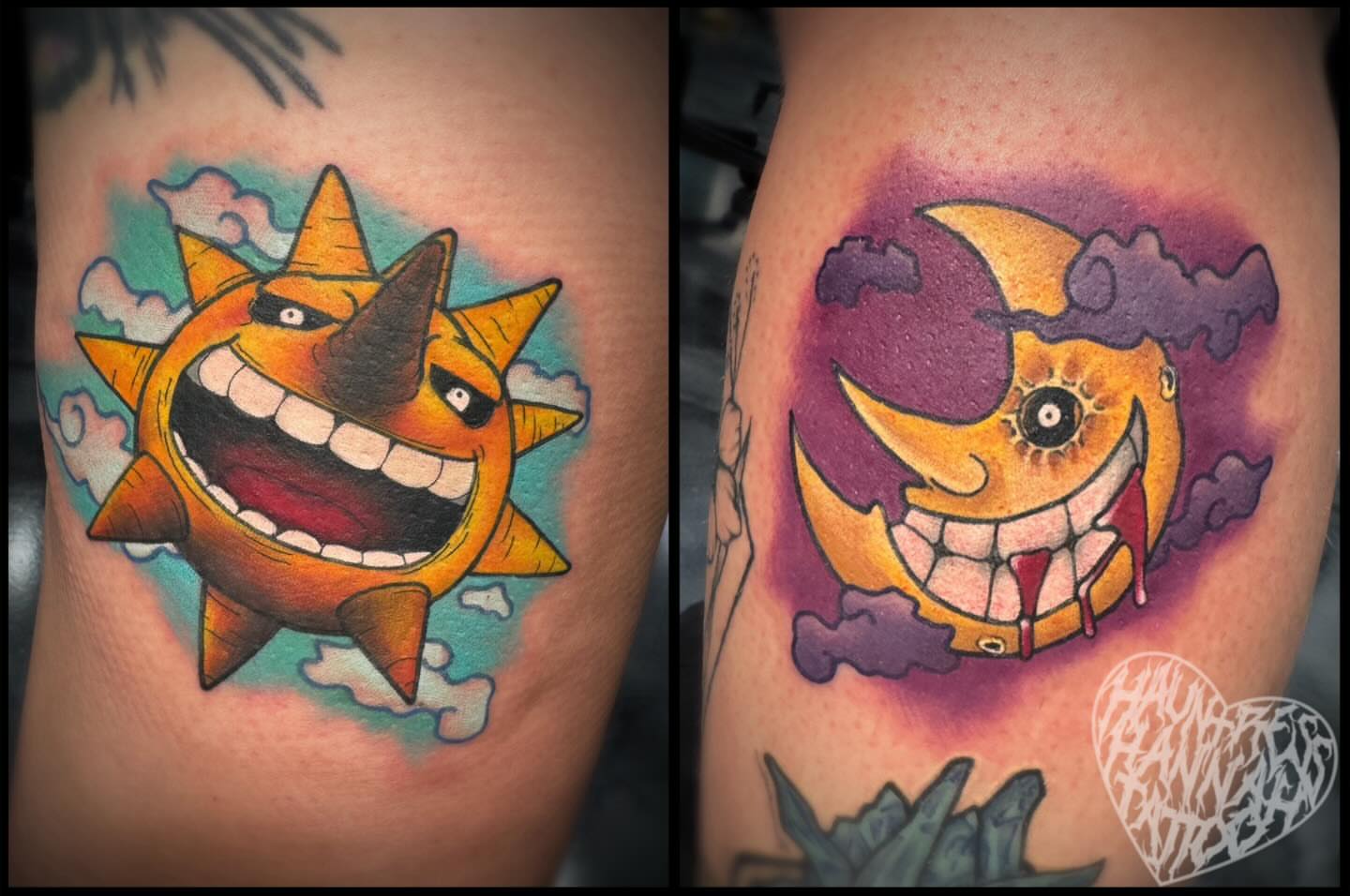 Sun American traditional tattoo on the thigh by Hannah Casadonti