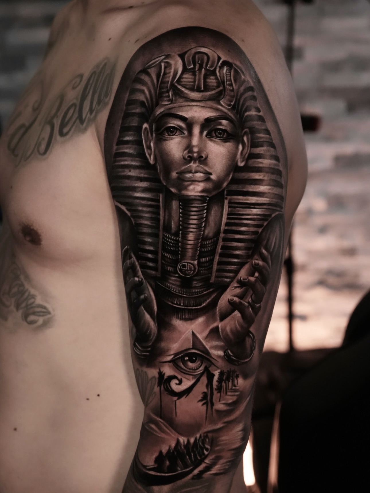Pharaoh realism tattoo on the shoulder by Ronald