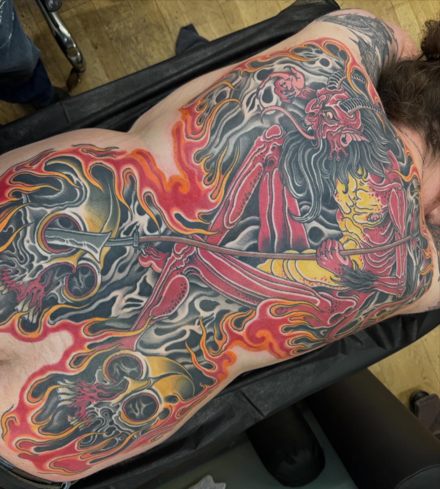 Warrior with spear japanese irezumi tattoo on the thigh by Derek Noble, San Francisco, California