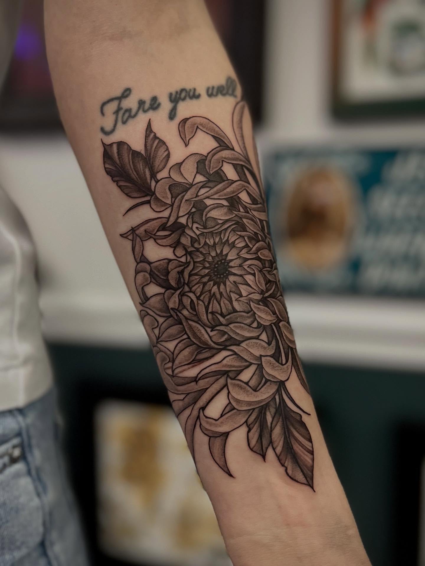 Chrysanthemum black and grey tattoo on the forearm by โถ ๐๐๐๐๐๐๐๐ ๐๐๐ค๐ค๐๐ (๐๐ฆ๐ค๐ฅ๐ช)