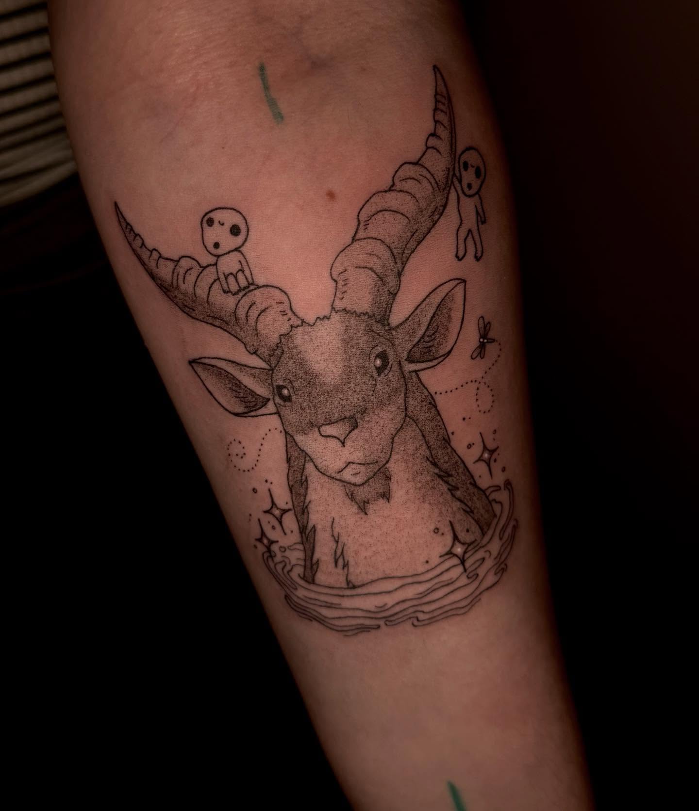 Goat and baby dotwork tattoo on the forearm by Eden H., Columbus, Ohio