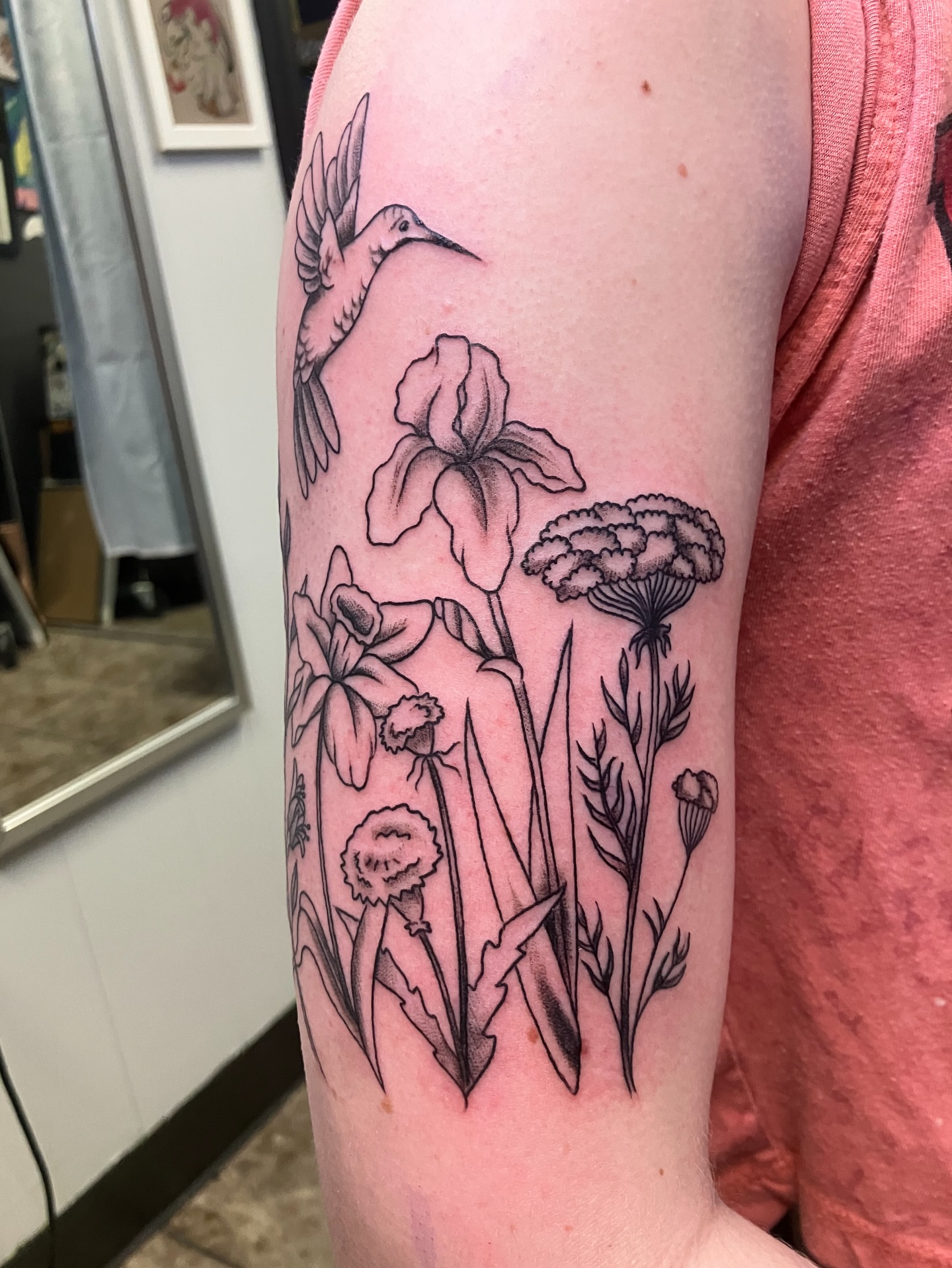 Bird and flowers black and grey tattoo on the forearm by maddie mcghee, Memphis, Tennessee