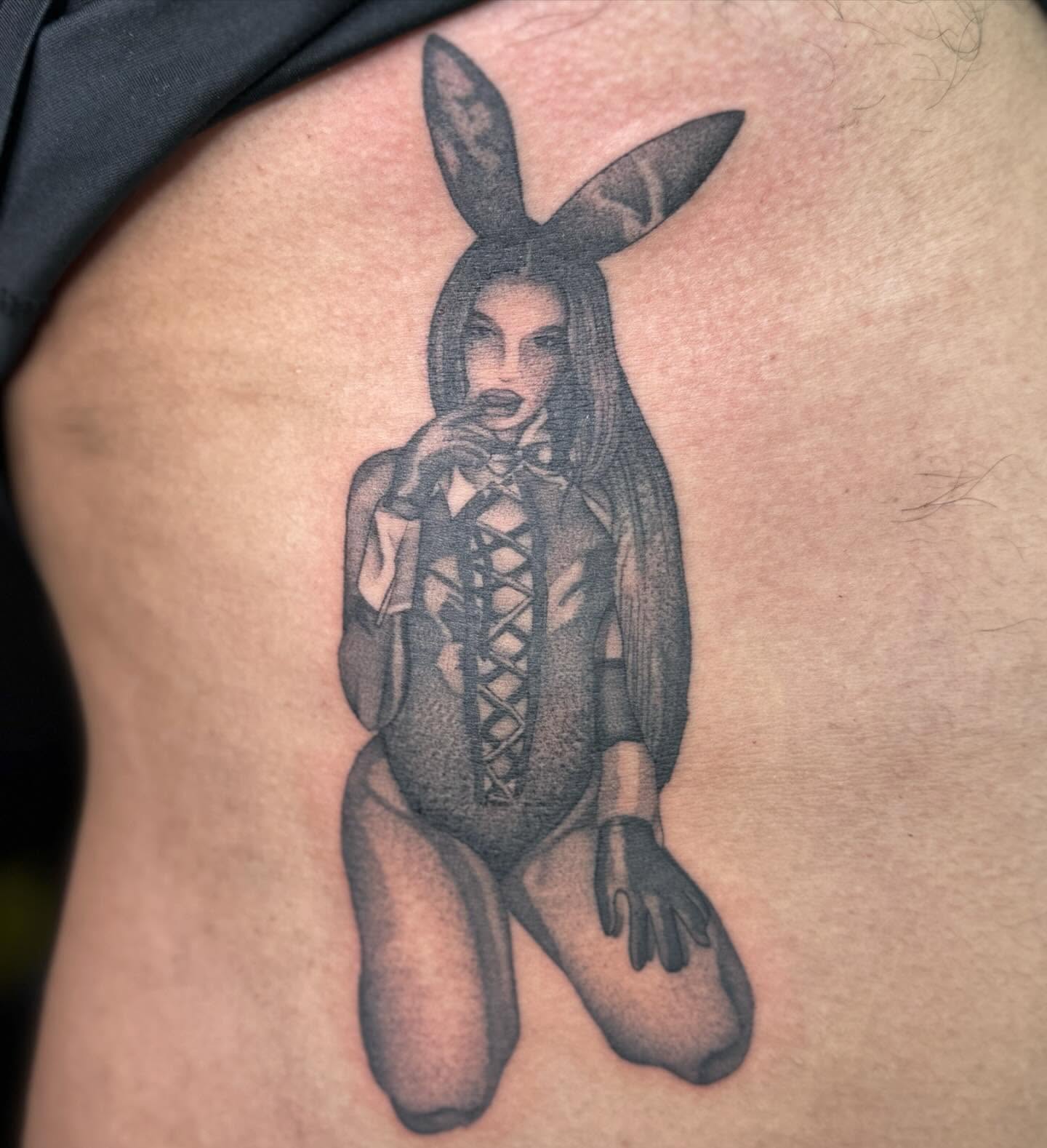 Bunny girl dotwork tattoo on the thigh by Tattoo, San Diego, California