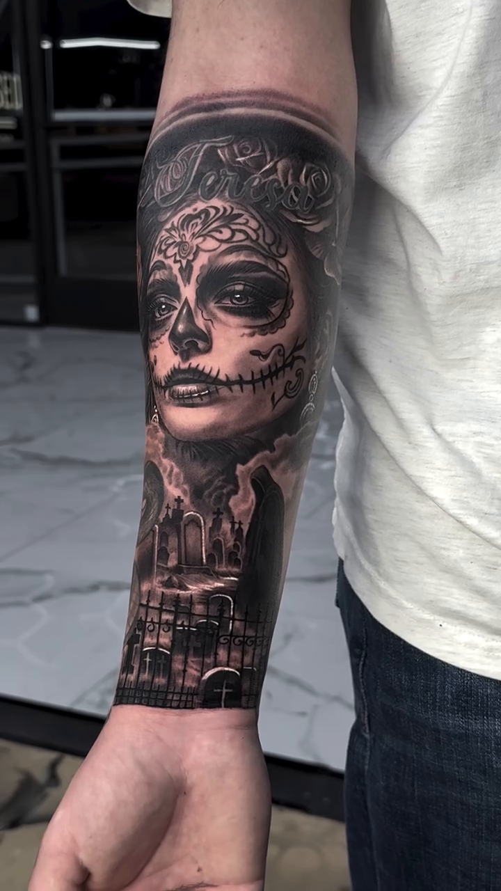 Sugar skull woman with cityscape realism tattoo by Michael Sosa