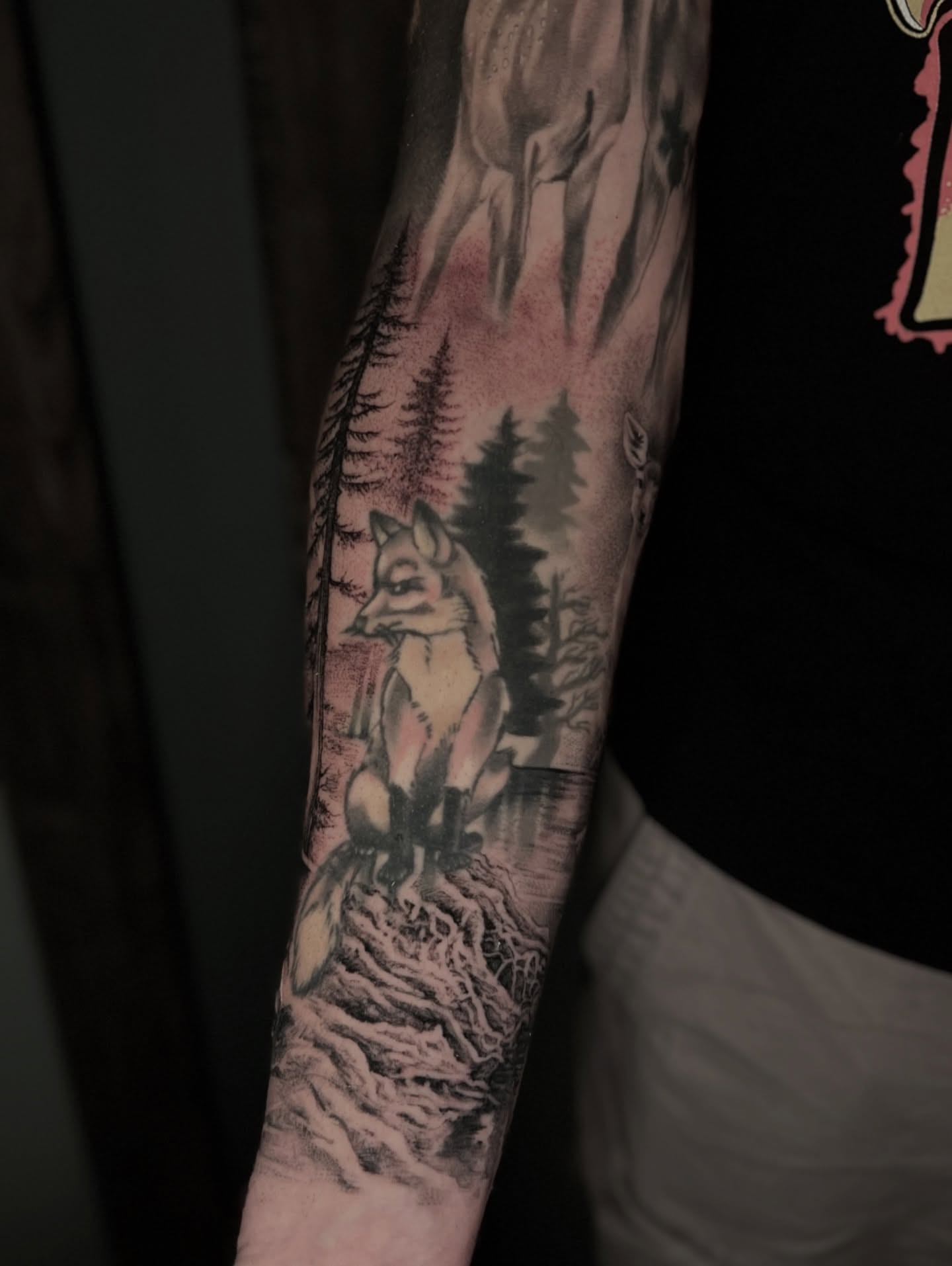 Fox in forest realism tattoo on the forearm by Dominick Cali, East Islip, New York