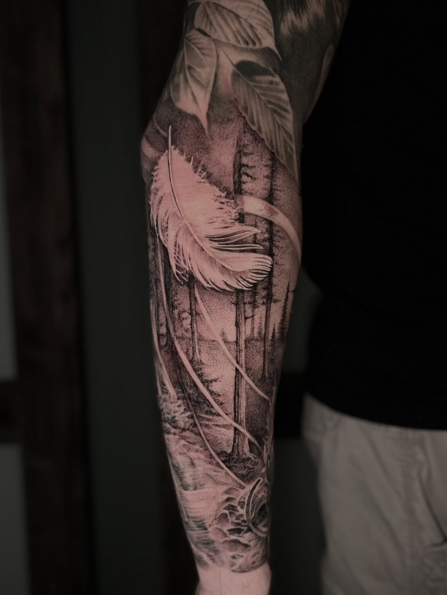 Bird and bamboo dotwork tattoo on the forearm by Dominick Cali, East Islip, New York