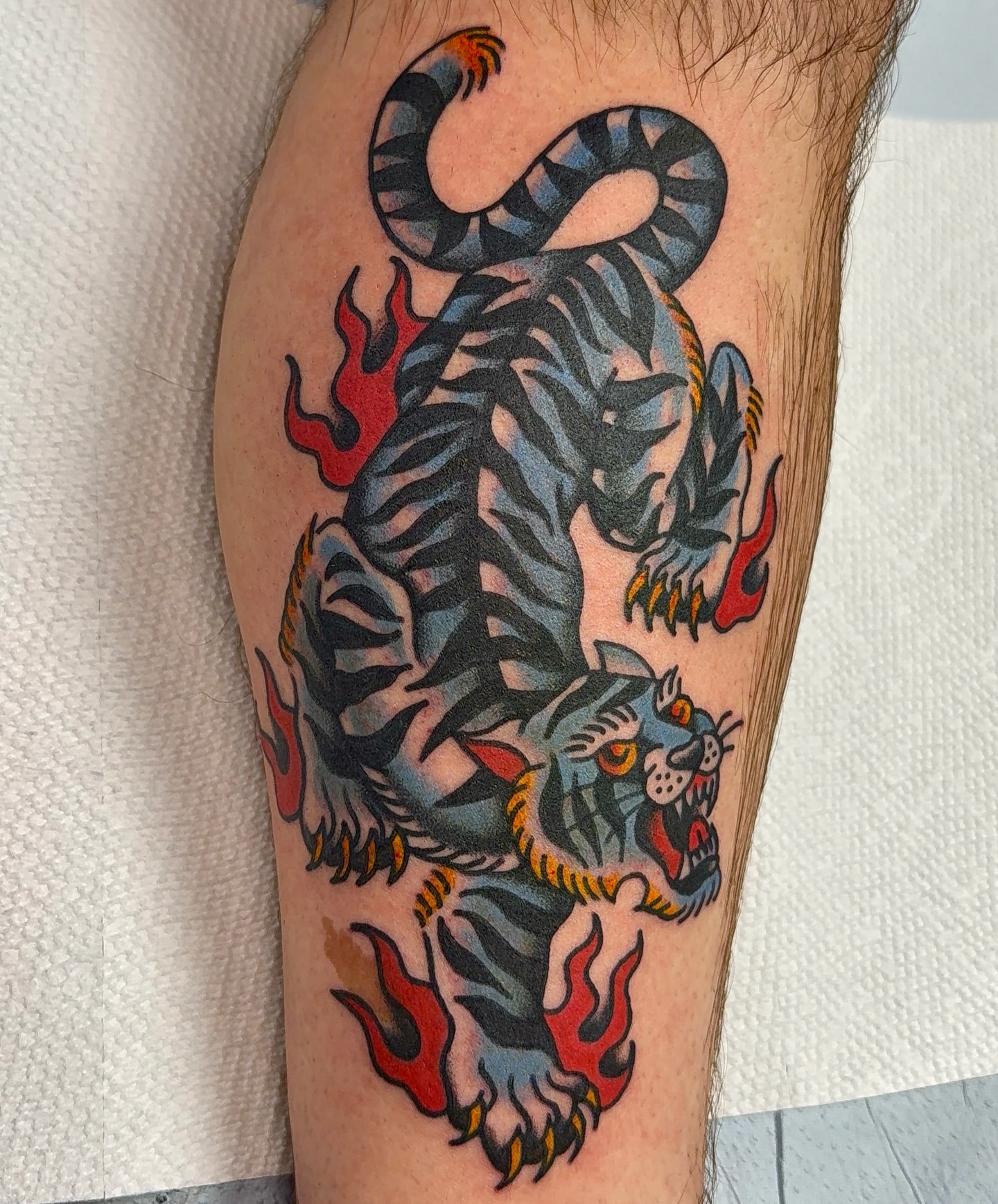 Tiger American traditional tattoo on the forearm by VAY