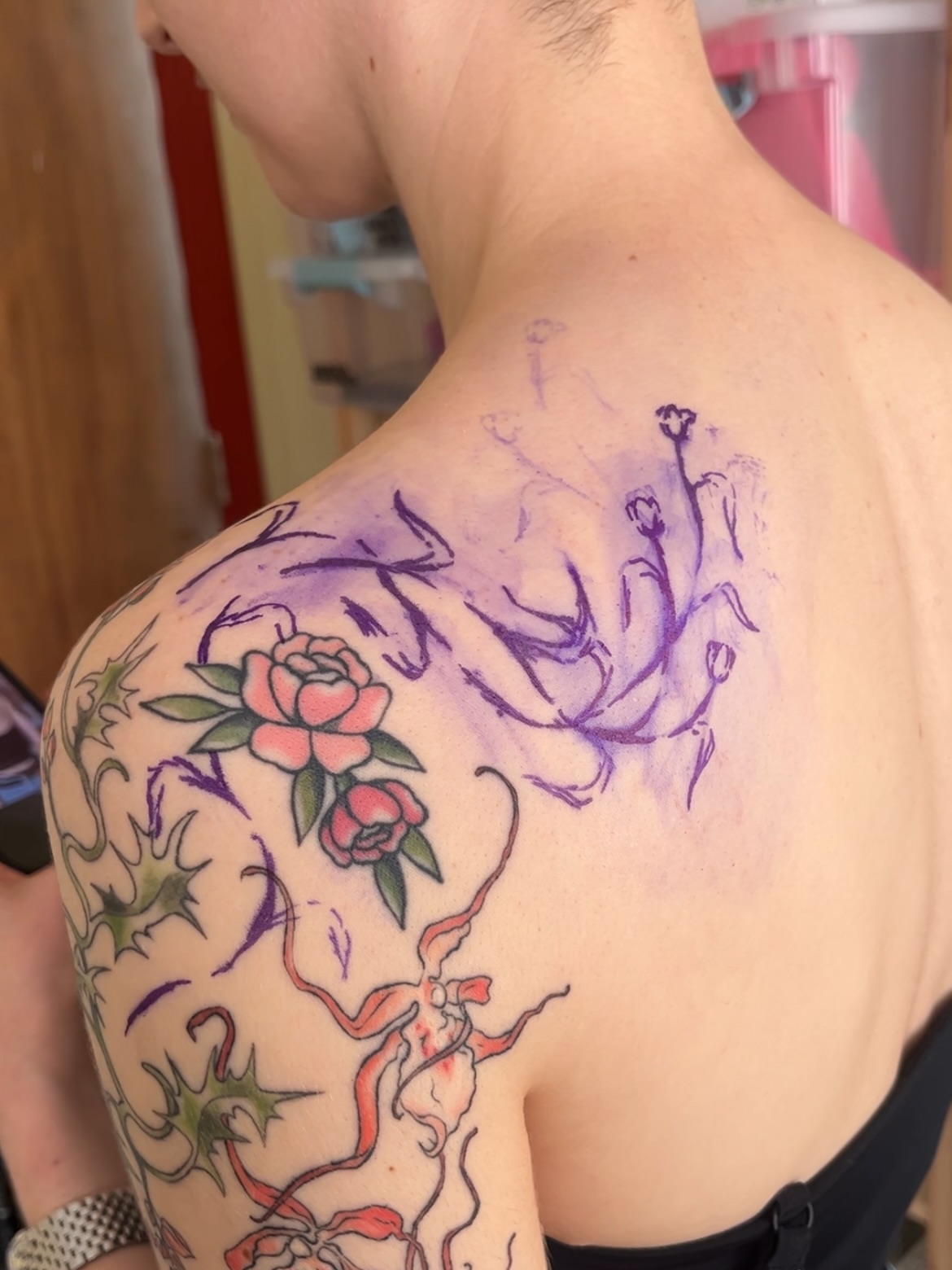 Floral design new school tattoo on the shoulder by mia