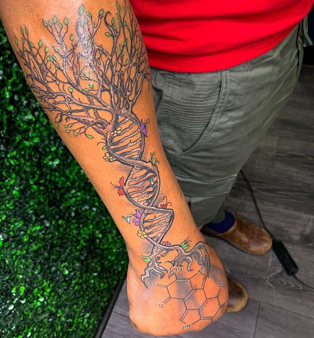 DNA tree dotwork tattoo on the calf by Emac, Baltimore, Maryland