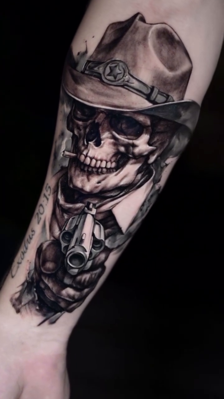 Cowboy skull with gun dark realism tattoo by Gregorio Devera