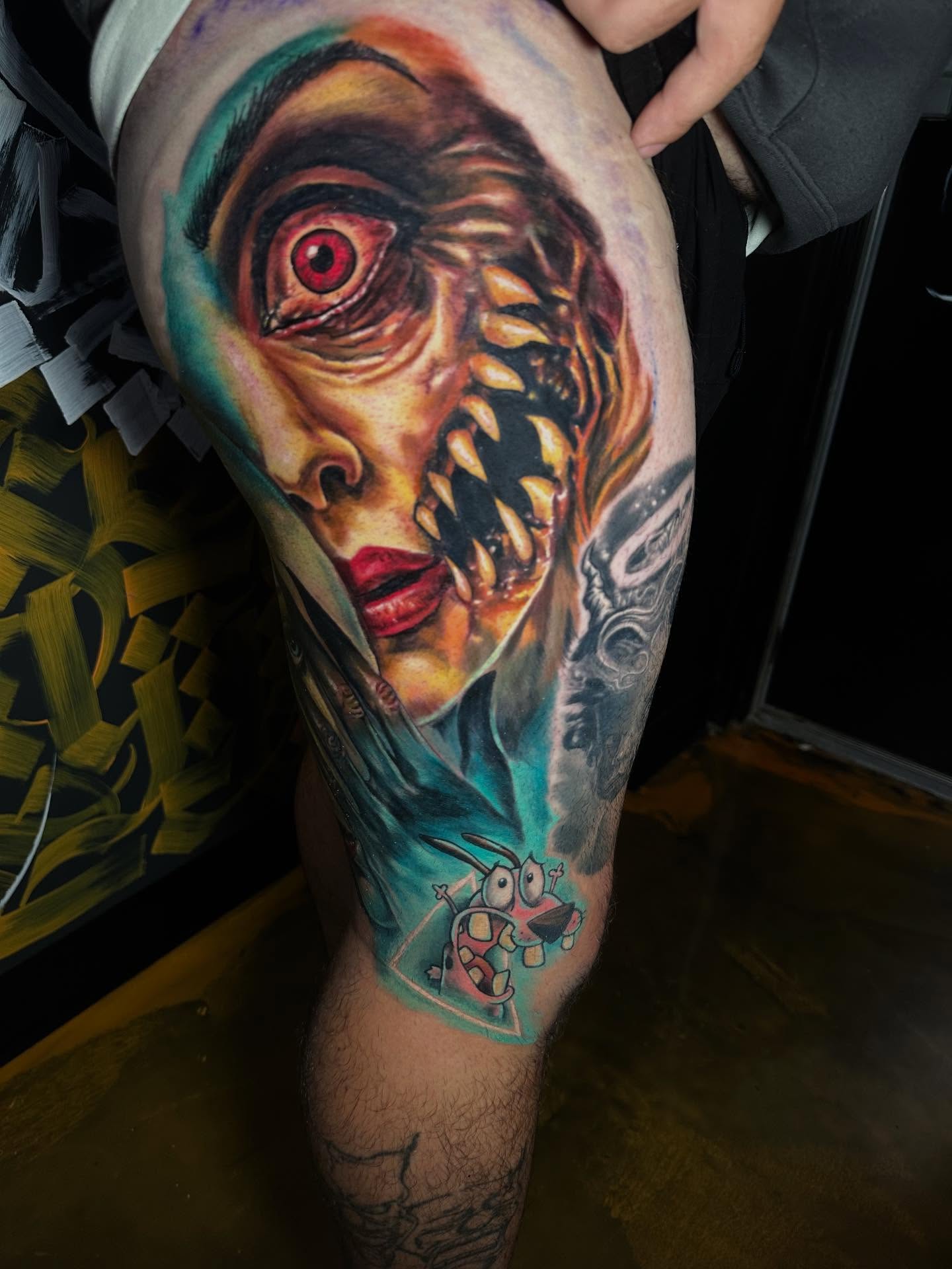 Monster face realism tattoo on the thigh by Joseph Delaparra
