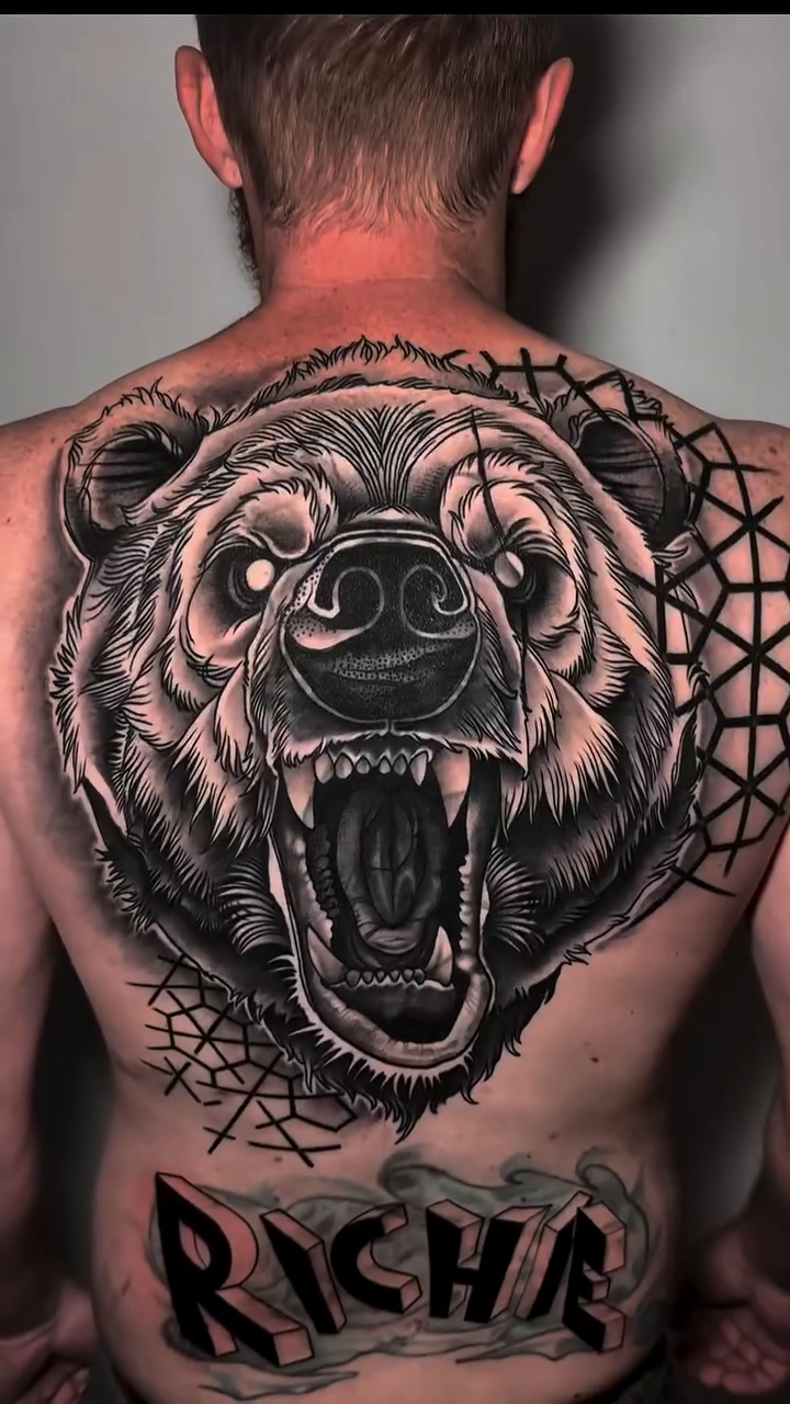 Bear head with name realism tattoo by David Mushaney