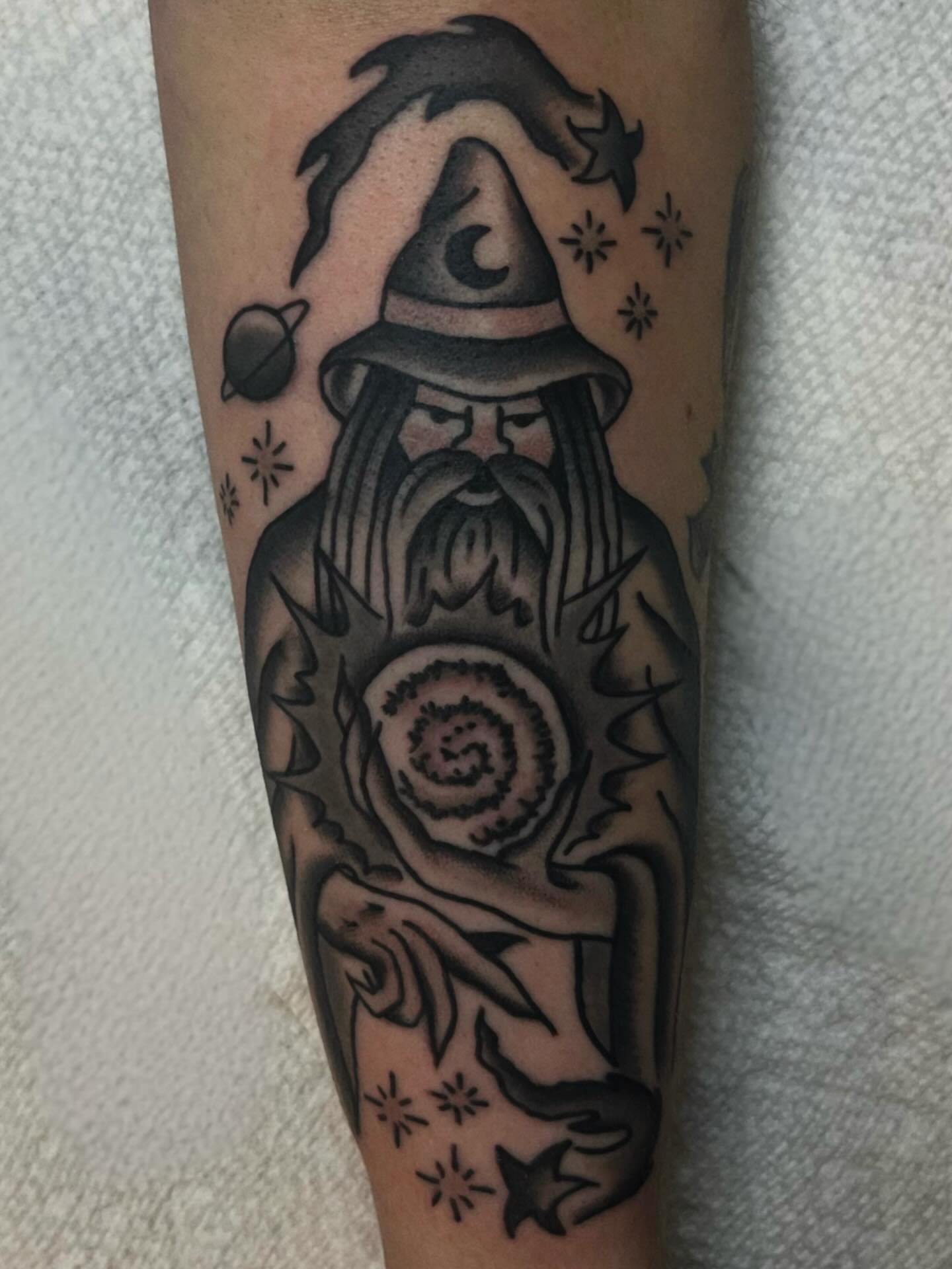 Wizard black and grey tattoo on the forearm by Elizabeth Summers ❨・¨⬮ Traditional Tattoo