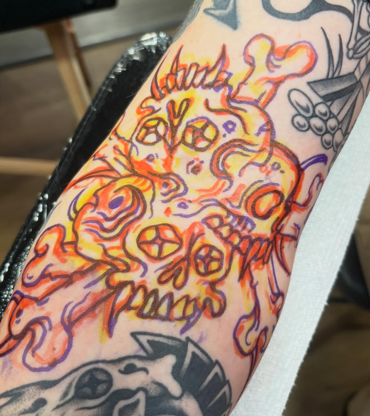 Skull American traditional tattoo on the forearm by sally ★ lee