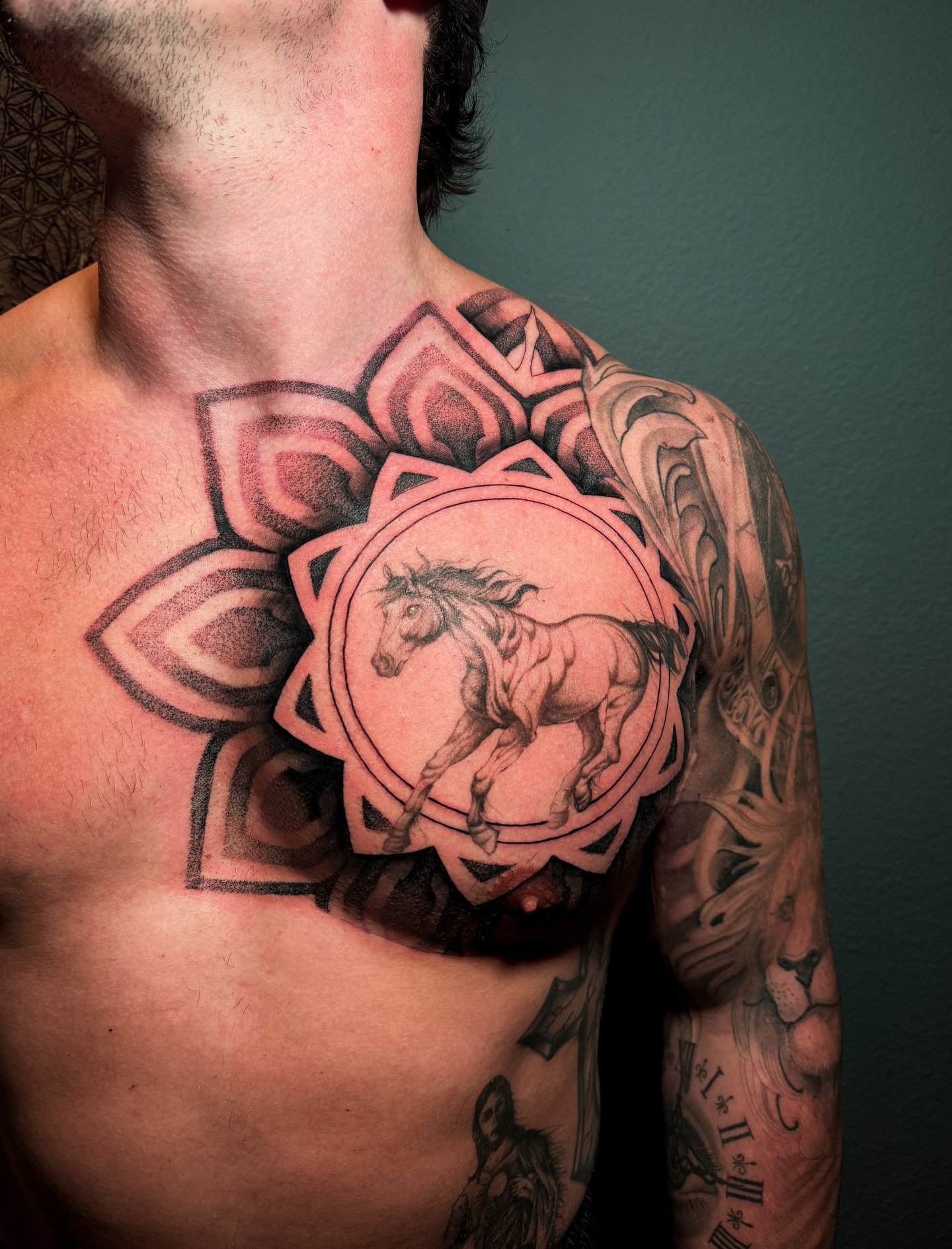 Galloping horse realism tattoo on the chest by Carrie