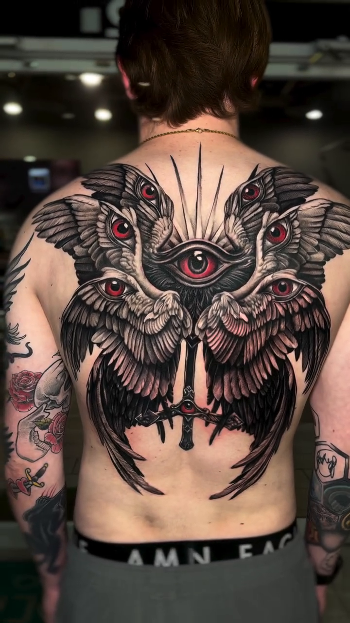Biblically accurate angel realism tattoo on the back by Guillermo Columbie, Houston, Texas