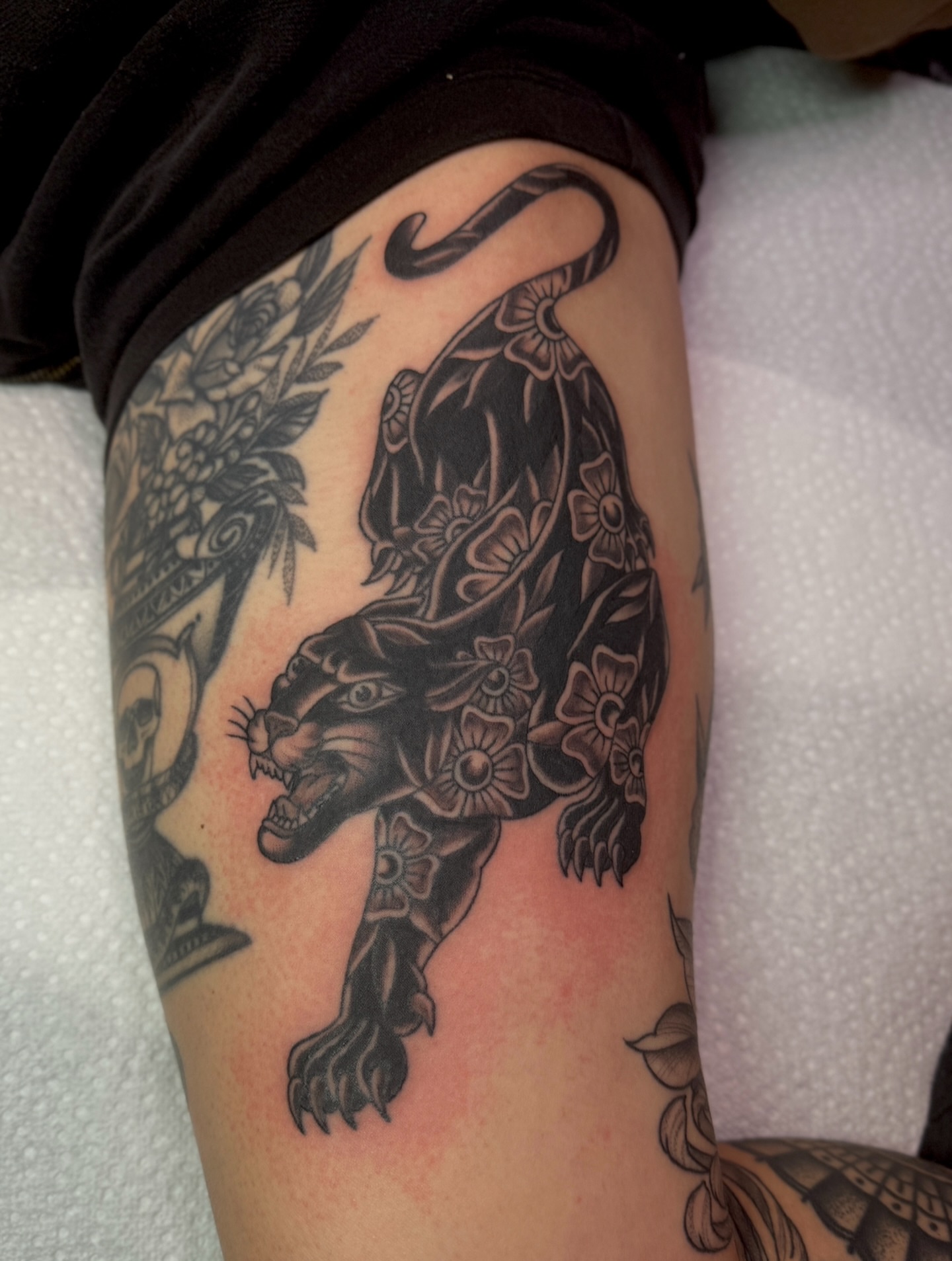 Panther American traditional tattoo on the thigh by Ethan, Toledo, Ohio