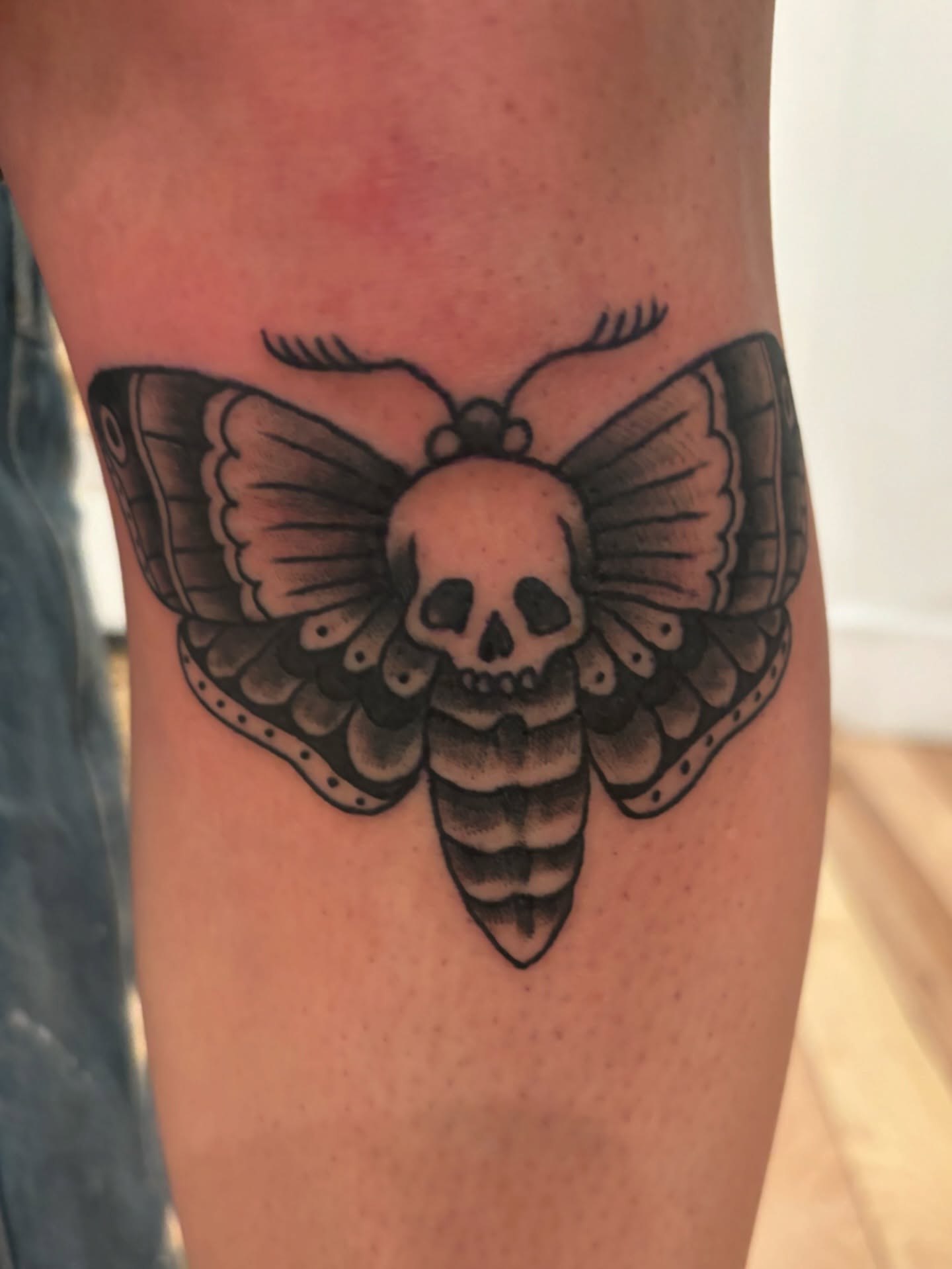 Moth skull black and grey tattoo on the forearm by Francis Cassidy